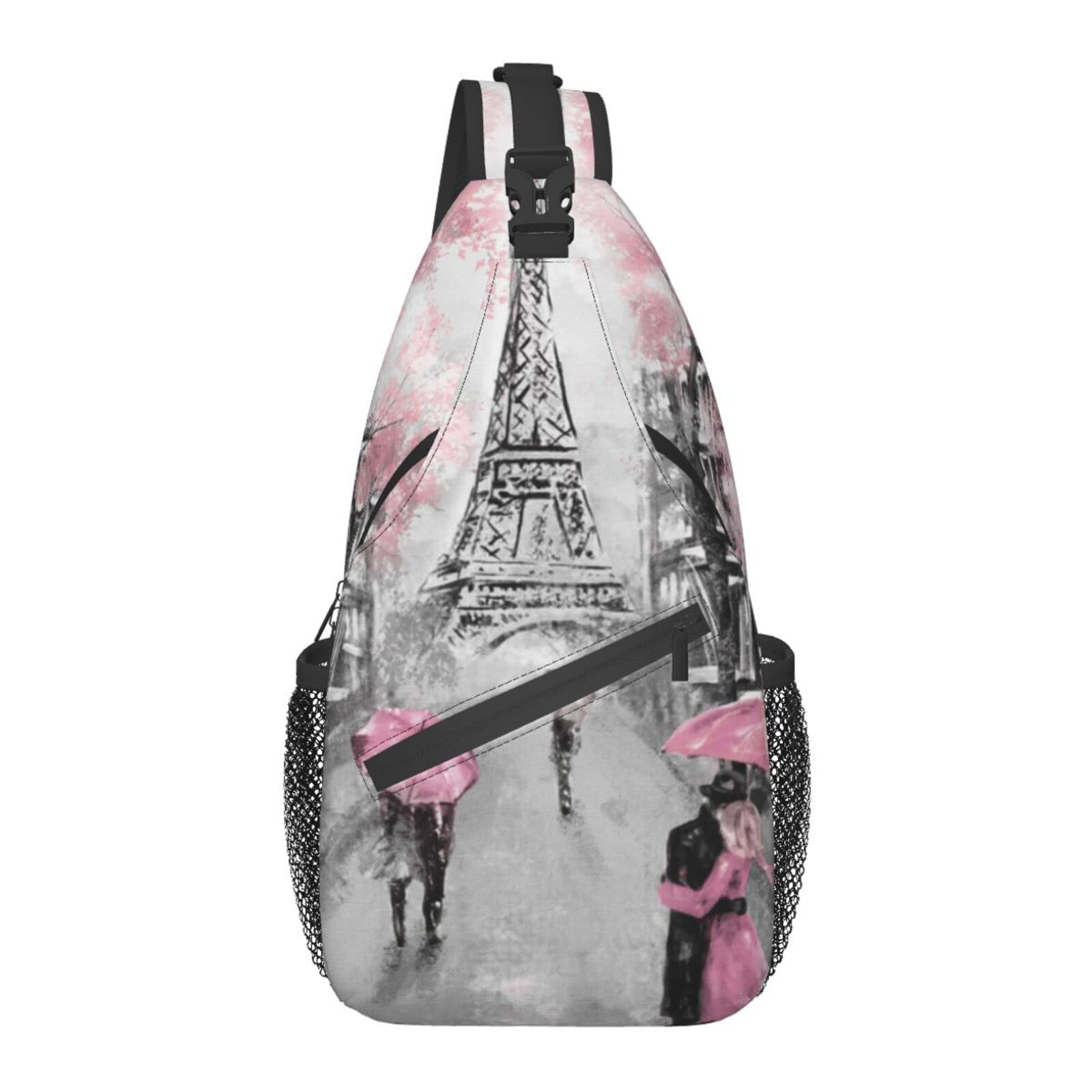 Paris Eiffel Tower Oil Painting Art Crossbody Backpack - Large Sling Bag with Water Bottle Holder for Men & Women - Perfect for Gym, Travel, Hiking & Outdoor Adventures