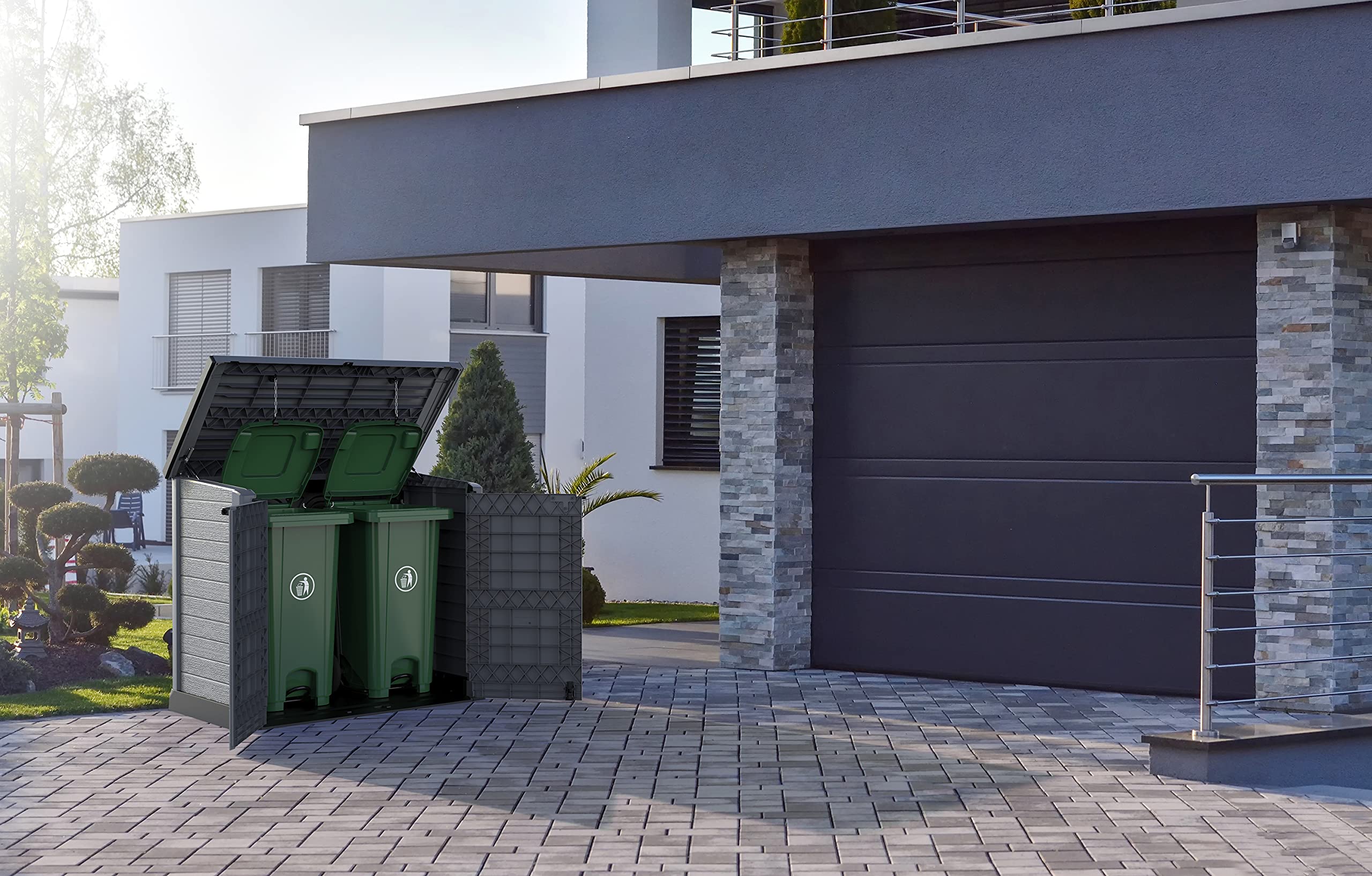 Duramax Cedargrain 1200L Plastic Outdoor Storage Shed with Flat Lid – Heavy-Duty Garden Shed for Bikes, Tools, BBQs & 2X 240L Bins – Weather-Resistant Grey Storage Unit (145x85x125 cm) – Perfect for Backyard, Patio & Garage Organization