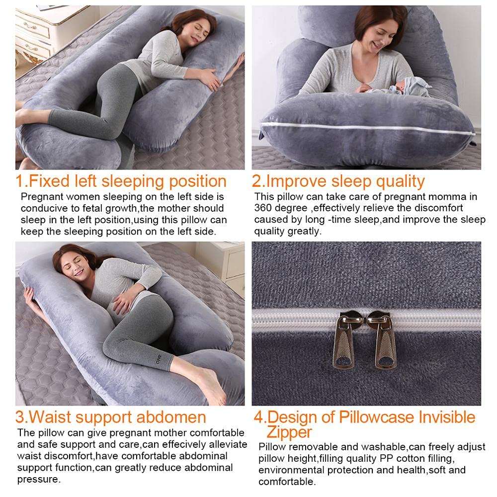 Luxury Gray and White Body Pillow for Maternity & Side Sleepers - Large J-Shaped Pregnancy Pillow for Women (70x145cm) - Comfortable Sleeping Support for Back Pain Relief, Pregnancy Comfort & Better Sleep