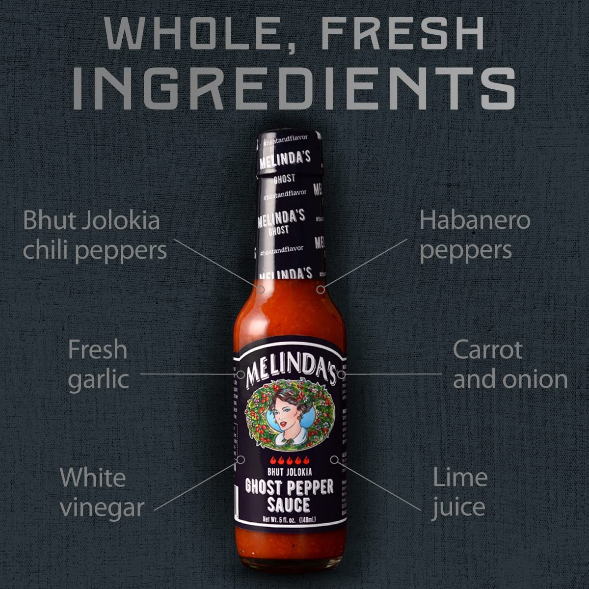Melinda's Ghost Pepper Hot Sauce - Extra Spicy Gourmet Hot Sauce with Fresh Ghost Peppers (Bhut Jolokia), Habanero, Carrot, Garlic & Lime Juice - 5oz Bottle (4-Pack) - Perfect for Wings, Tacos, Burgers & Spicy Food Lovers
