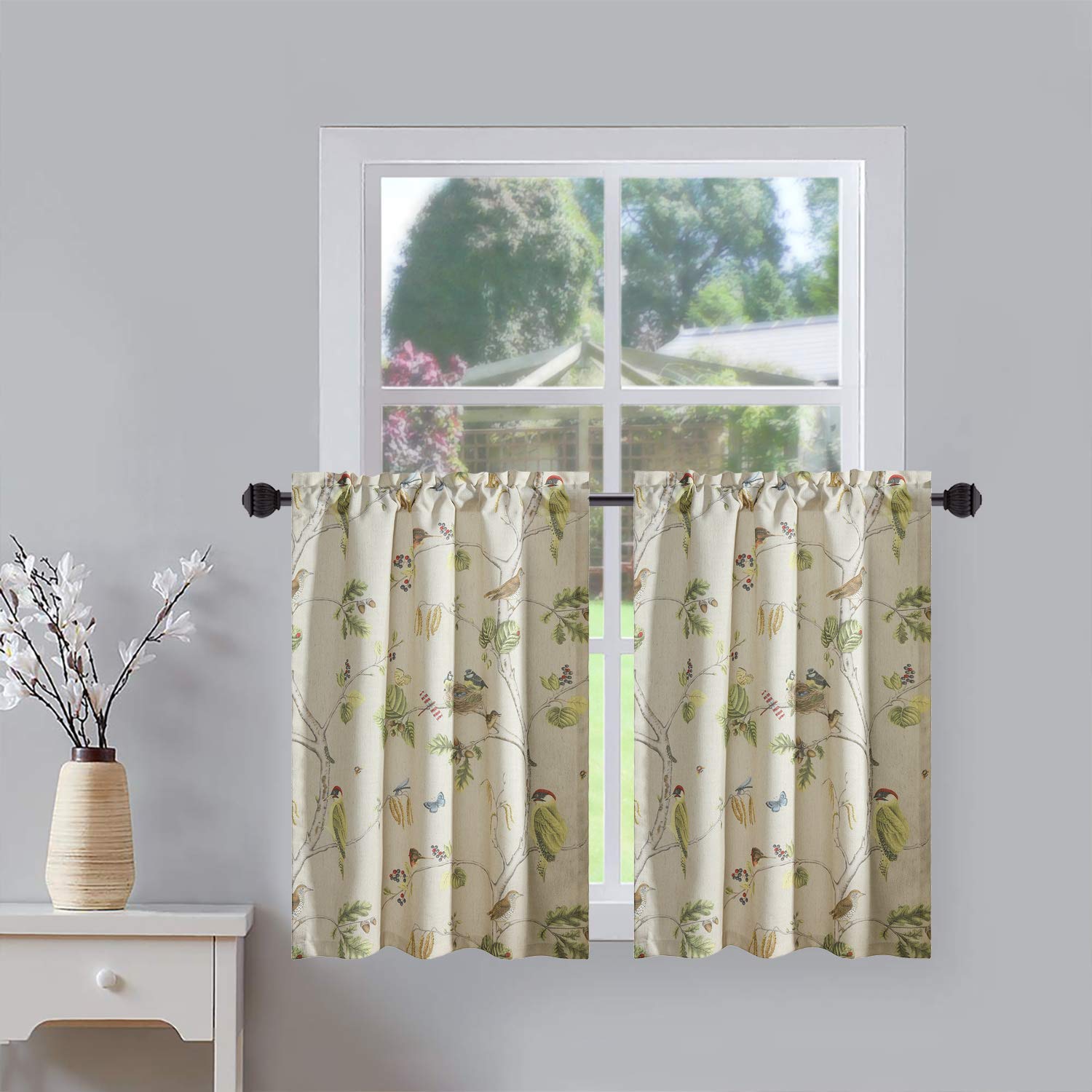 Leeva Leaves & Birds Print Thermal Insulated Kitchen Curtains - Green Spring Style Half Window Drapes for Kids' Room, Porch & Windows (2 Panels, 30x36 Inches) - Perfect for Nursery Decor & Cozy Home Atmosphere