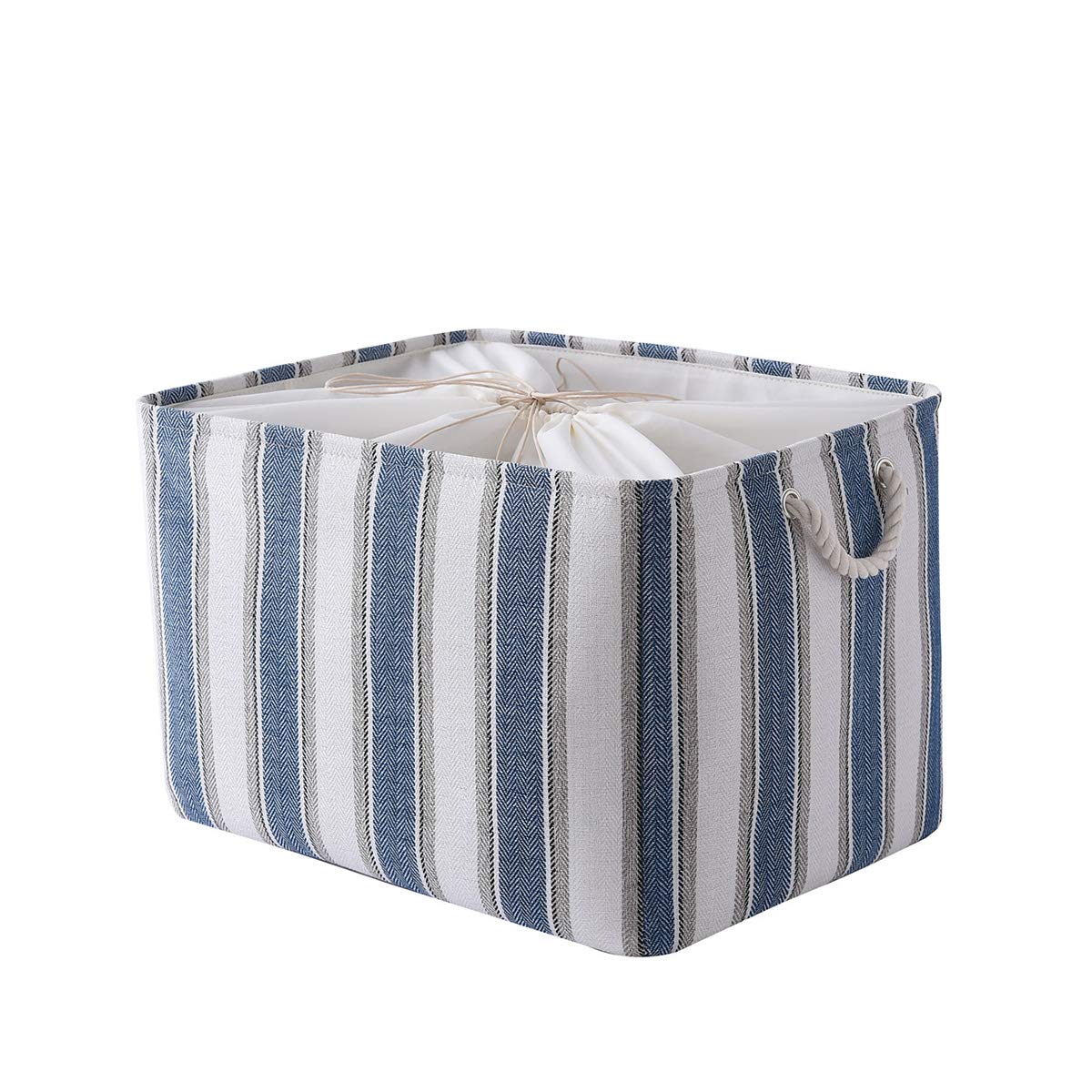 TheWarmHome Large Fabric Storage Basket with Cotton Rope Handles - Decorative Cloth Bin for Dog Toys, Books & Home Organization (Blue & White Stripe, Jumbo Size 1-Pack) | Perfect for Bedroom, Closet, Nursery & Office Storage Solutions