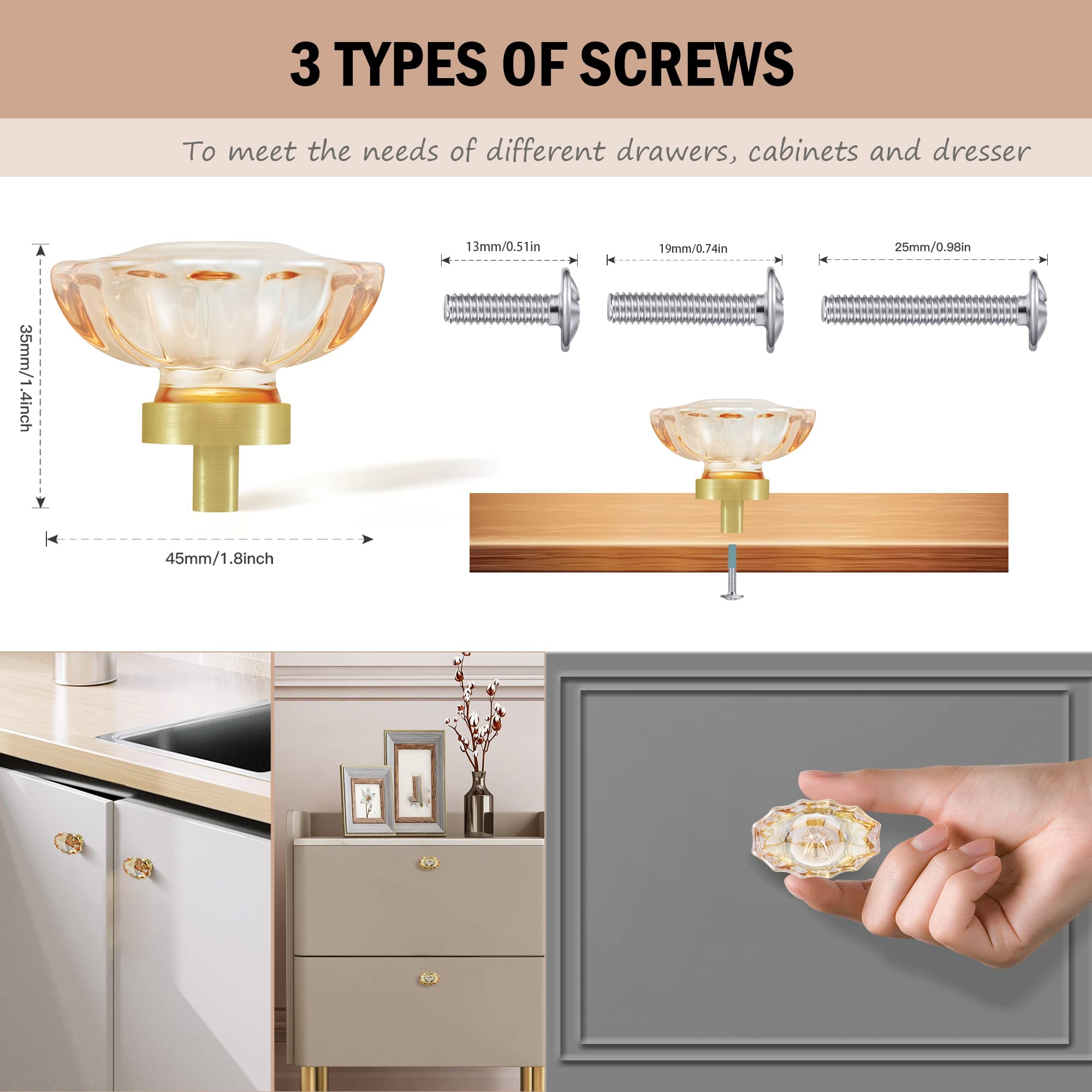 16 Pack Champagne Crystal Cabinet Knobs - Oval Glass Drawer Pulls with Satin Brass & Brushed Gold Base - Perfect for Dressers, Cabinets, and Furniture Upgrades