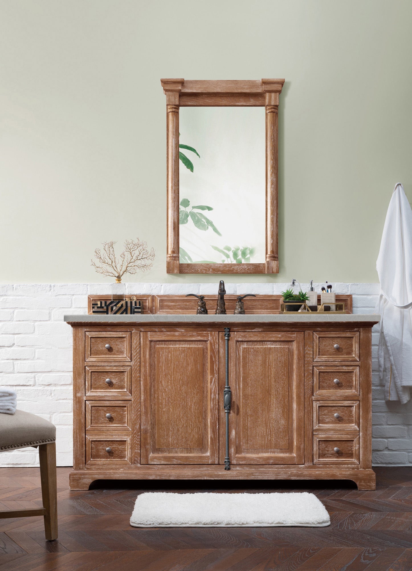 Providence 60 Inch Single Bathroom Vanity Cabinet in Driftwood Finish with 3CM Eternal Serena Quartz Countertop - Perfect for Modern Bathroom Remodeling and Small Space Solutions