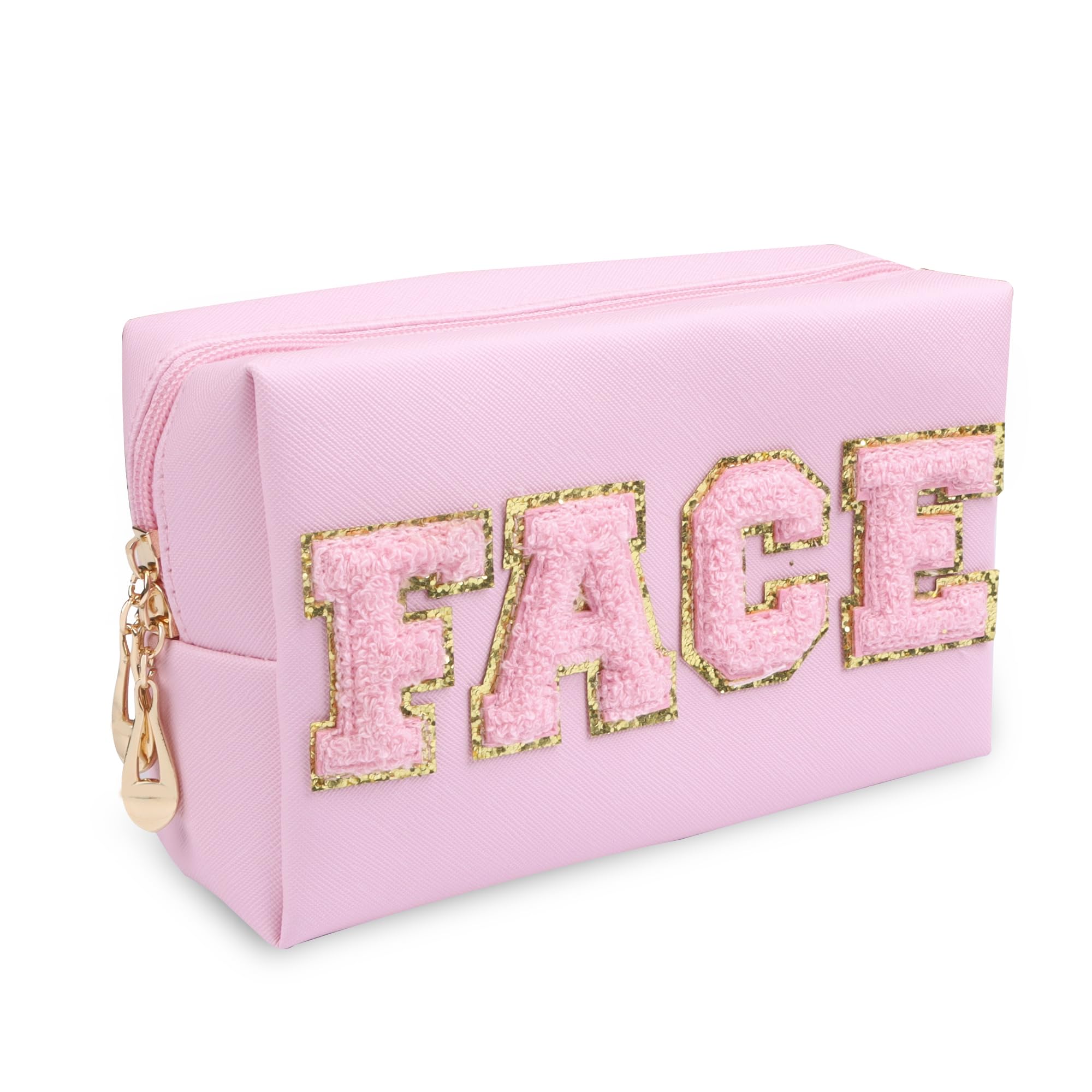 Joymasar Preppy Patch Makeup Bag - PU Leather Waterproof Cosmetic Organizer with Zipper & Chenille Letter Design, Portable Travel Toiletry Pouch for Women & Girls (Pink) - Perfect for School, Gym, Vacation & Daily Essentials Storage