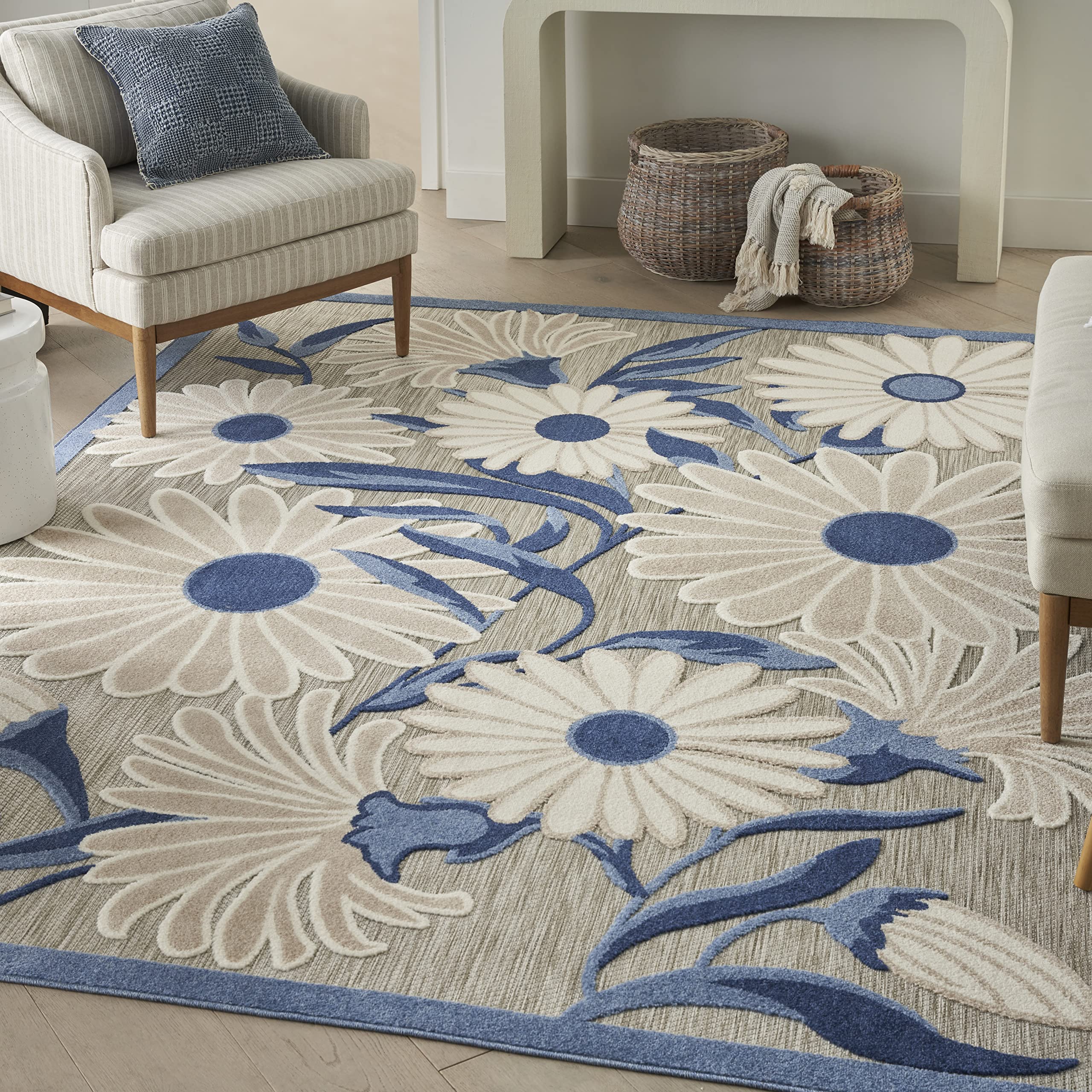 Nourison Aloha Indoor/Outdoor Blue/Grey 6' x 9' Area Rug - Easy to Clean, Non-Shedding, Stain Resistant | Perfect for Bedroom, Living Room, Dining Room & Kitchen Decor | Durable for High Traffic Areas & Pet-Friendly Homes
