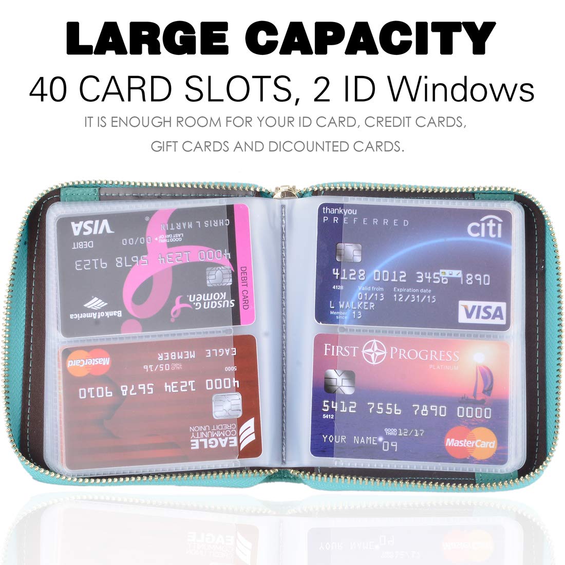 Easyoulife Women's RFID Blocking Leather Credit Card Holder Wallet with Zip Closure - Glitter Teal | Slim Card Case for Everyday Use, Travel & Business