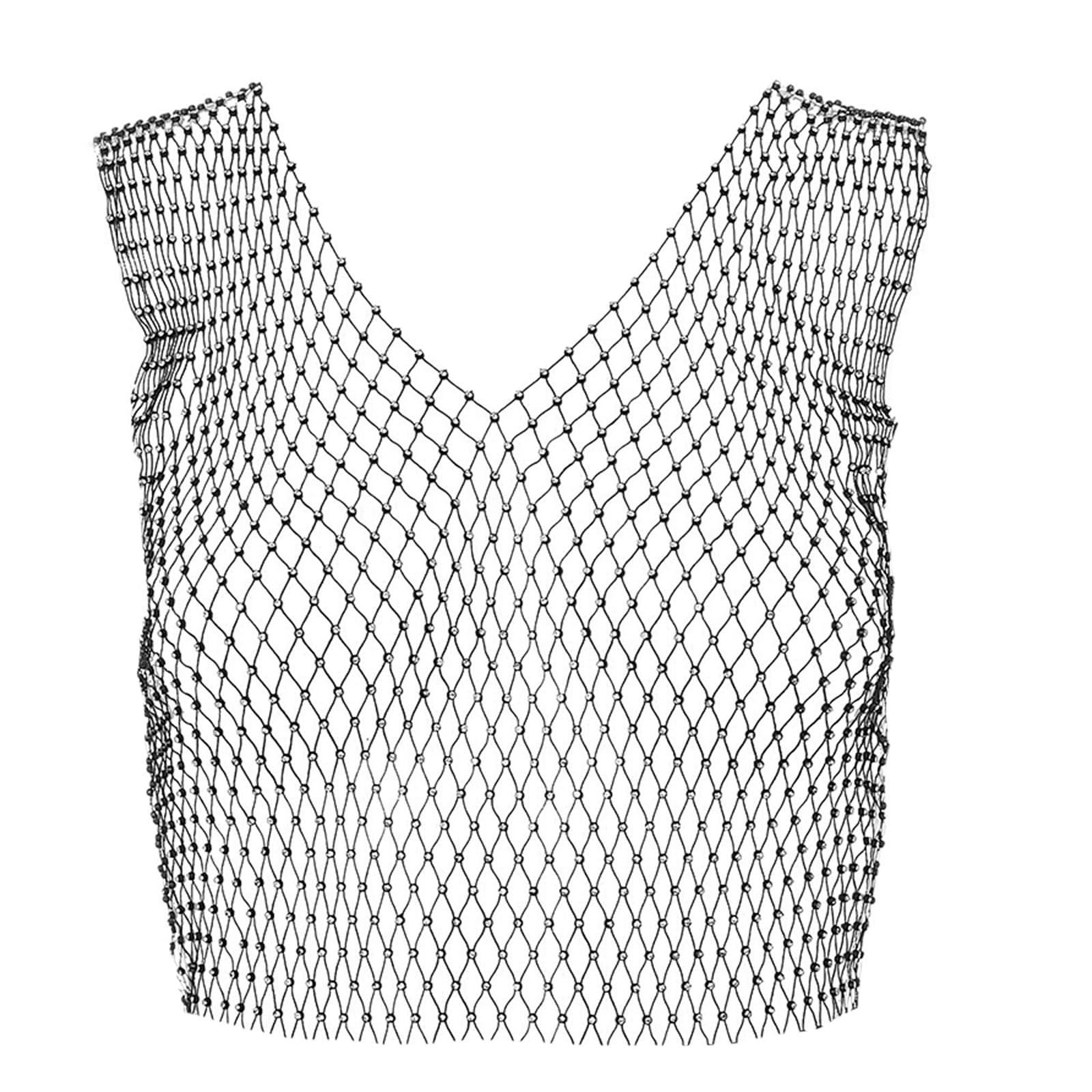 Wriidy Mesh Tank Top - White Crystal Diamond See-Through Crop Top with Sparkly Rhinestone Body Chain, Black & White Women's Fashion Jewelry for Parties, Nightlife & Special Occasions