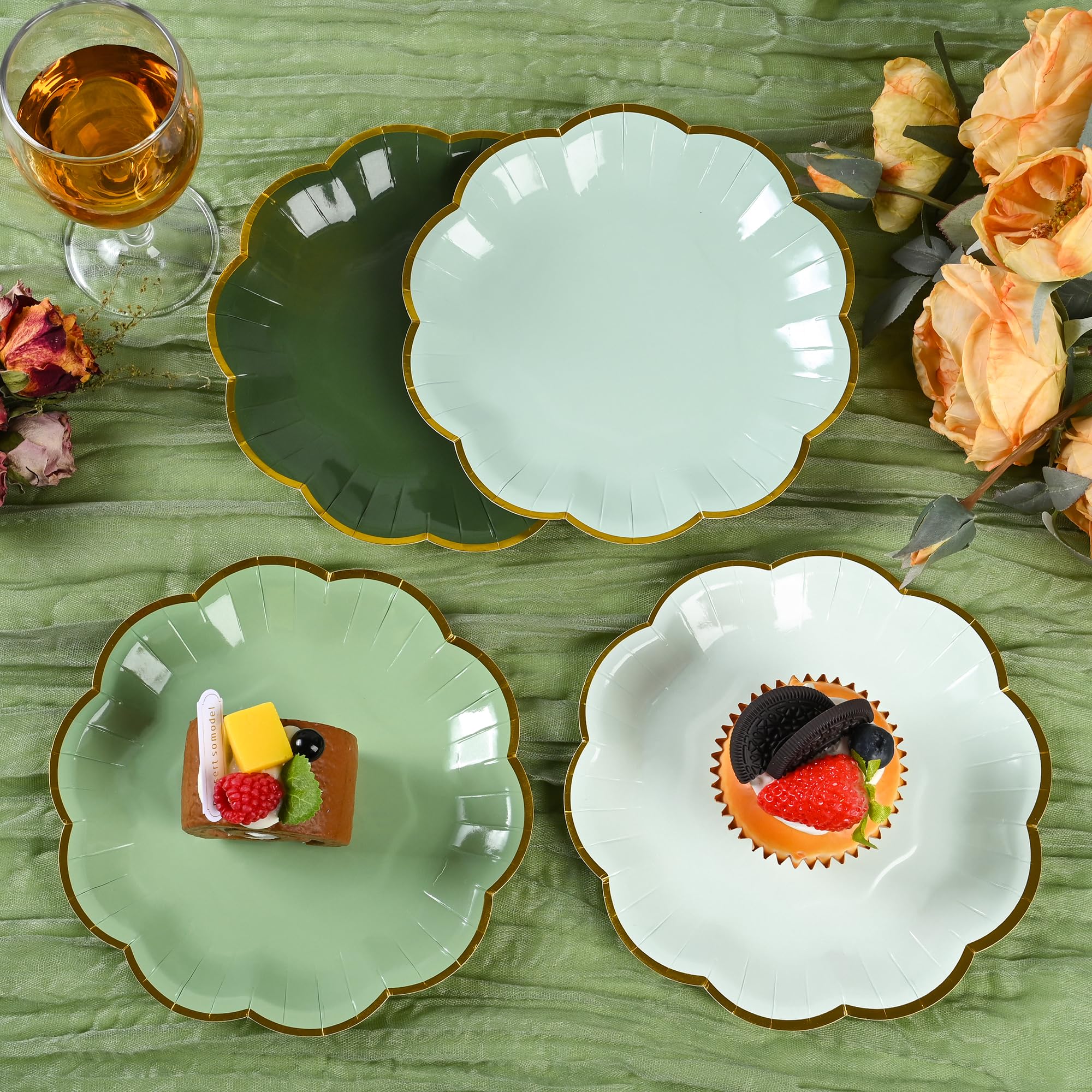 **Elegant Sage Green Disposable Cake Plates - 7 Inch Gold Foil Scalloped Edge Dessert Plates for Birthday, Bridal, Baby Shower & Wedding Party Supplies (24-Pack) - Perfect for Elegant Celebrations & Special Events**