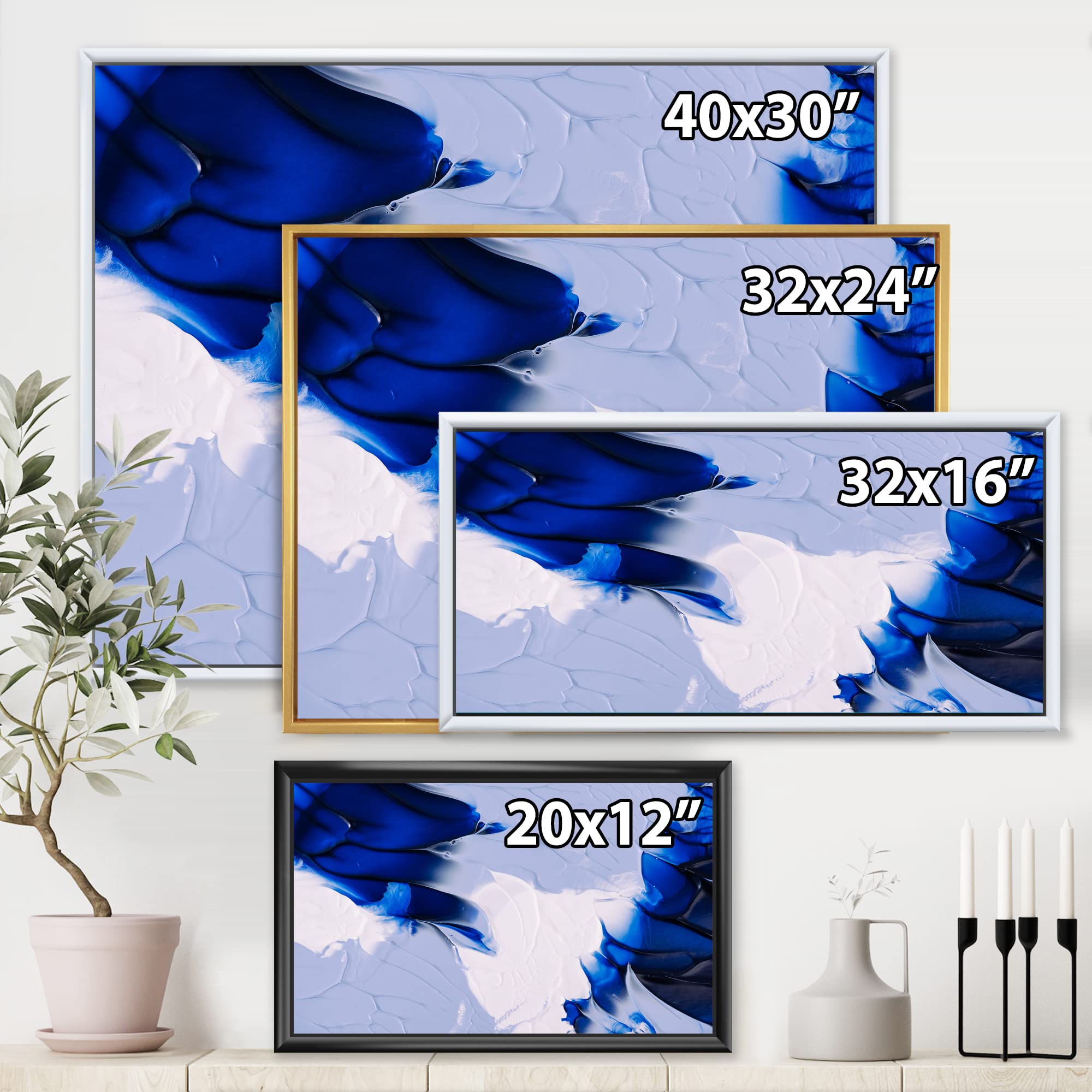 Abstract Blue Grey and White Waves Framed Canvas Wall Art Print - Modern Home Decor for Living Room, Bedroom & Office