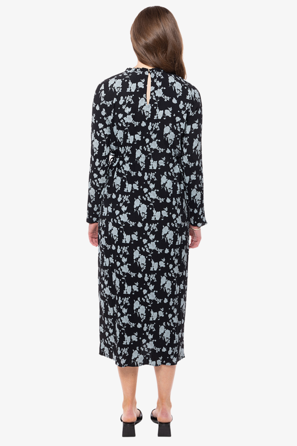 Elegant Black and Blue Rose Crinkle Long Sleeve Shift Dress for Women - Perfect for Casual Outings, Office Wear, and Special Occasions