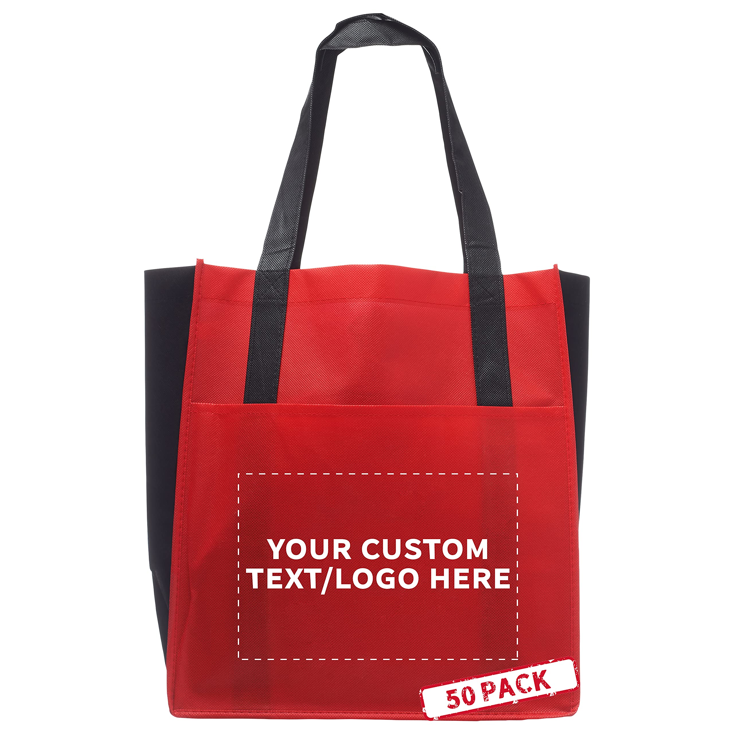 50 Pack Customizable Non-Woven Reusable Tote Bags with Front Pocket - Eco-Friendly Shopping Bags for Grocery, Beach, Promotions & Events (Red, Two Tone, 13