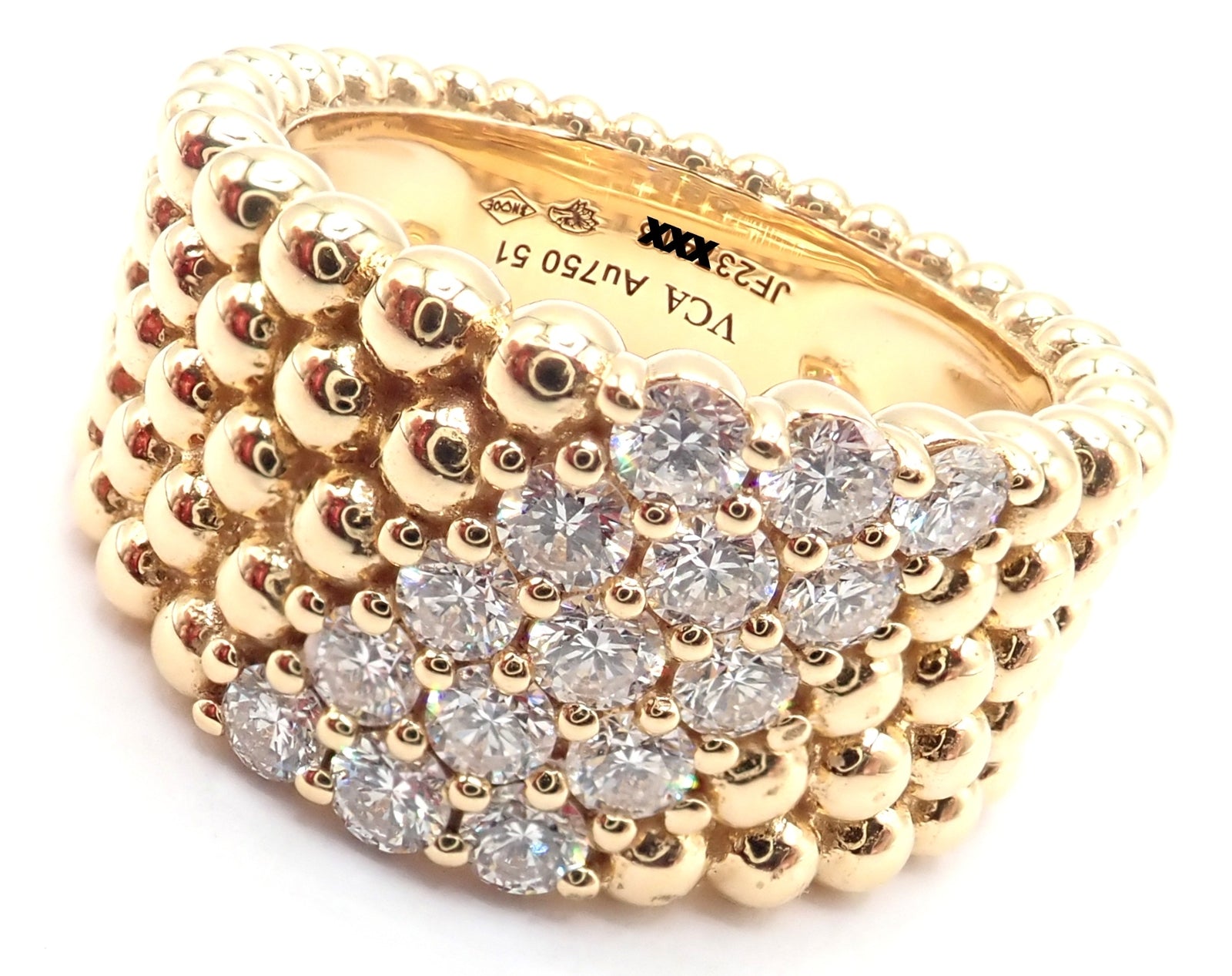 Van Cleef & Arpels 18k Yellow Gold Perlee Diamond 5 Row Band Ring - Size 5.75 with Certificate | Luxury Diamond Wedding Band for Women, Elegant Anniversary Gift for Her