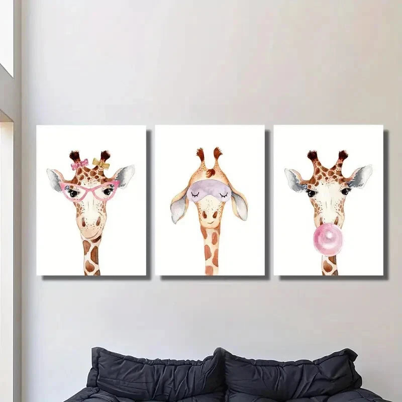 3-Piece Cartoon Cute Watercolor Funny Giraffe Metal Wall Art - Ready to Hang Decor for Kids Room, Nursery, or Playroom