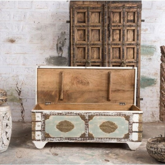 Hand Carved Antique Brass Fitted Wooden Storage Chest Box - Vintage Home Decor, Jewelry Organizer & Travel Trunk for Bedroom, Living Room or Cabin