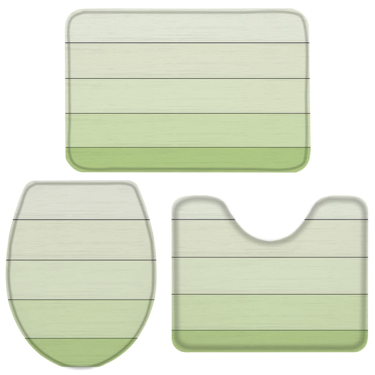 3-Piece Bath Rug Set - Non-Slip Wood Grain Toilet Seat Cover, Pedestal Mat & Contour Rug in Teal & Sage Green Gradient | Soft Bathroom Floor Mats for Modern Homes, Guest Bathrooms & Spa-Style Retreats