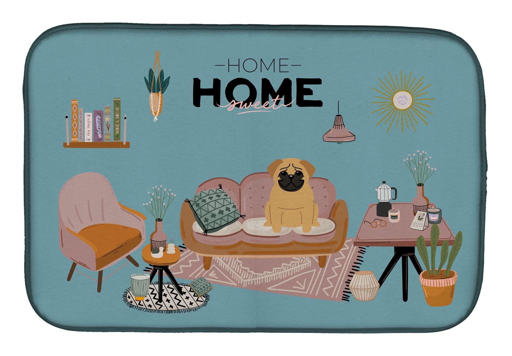 Brown Pug Themed Absorbent Dish Drying Mat - 14 x 21 Inch Kitchen Countertop Drainer Pad | Cute Dog Decor for Cozy Home & Gift Idea | Perfect for Drying Dishes, Protecting Countertops & Adding Pet Lover Style