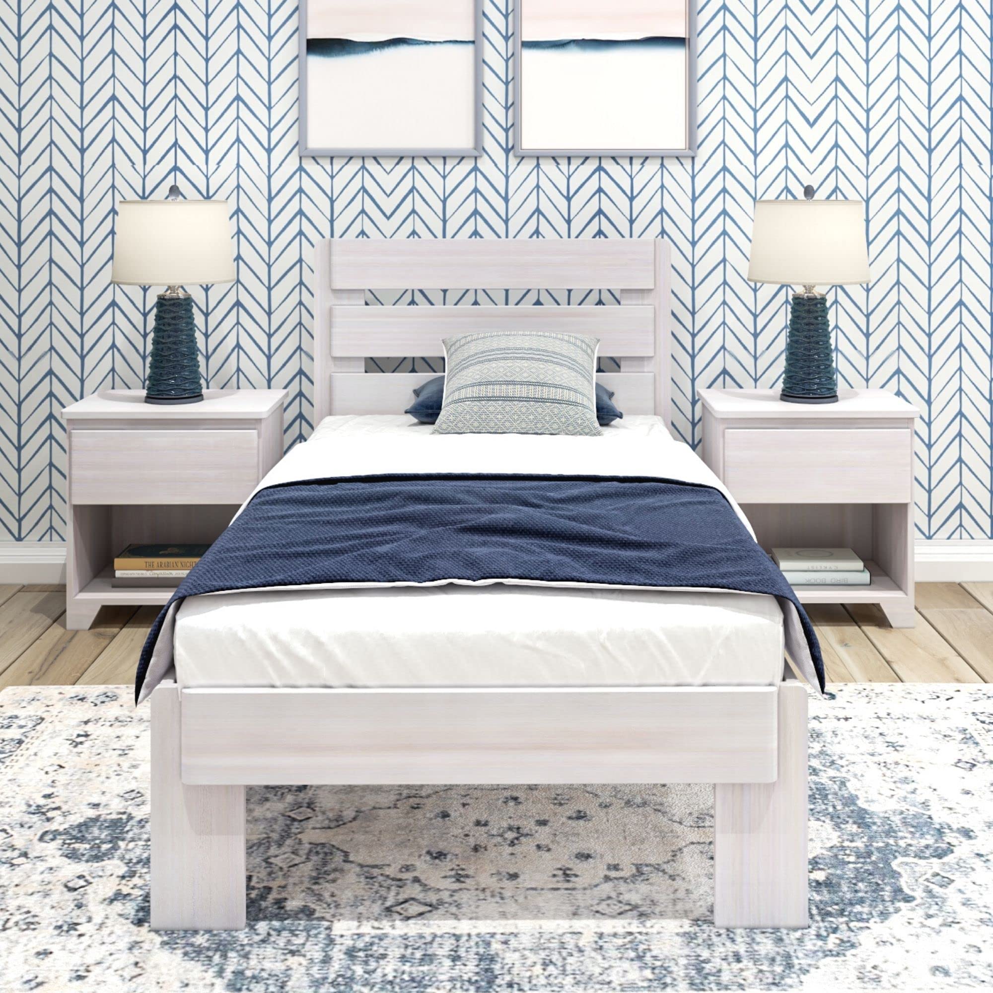 Rustic White Wash Twin Bed Frame with Headboard & Slatted Platform - Solid Wood Plank & Beam Design for Cozy Bedrooms & Guest Rooms