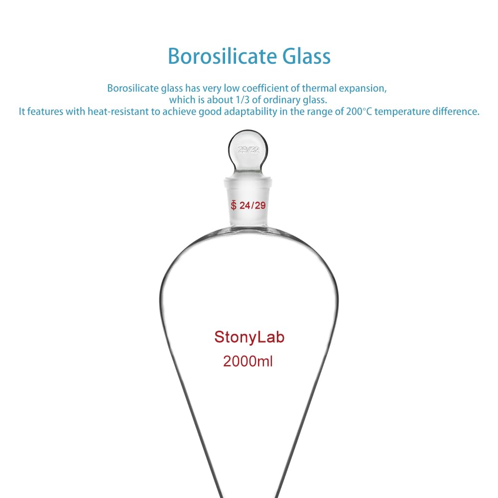 StonyLab 2L PTFE Stopcock Borosilicate Glass Heavy Wall Separatory Funnel with 24/29 Joint - Conical Pear-Shaped Lab Funnel for Chemical Separation, Liquid Extraction & Laboratory Experiments