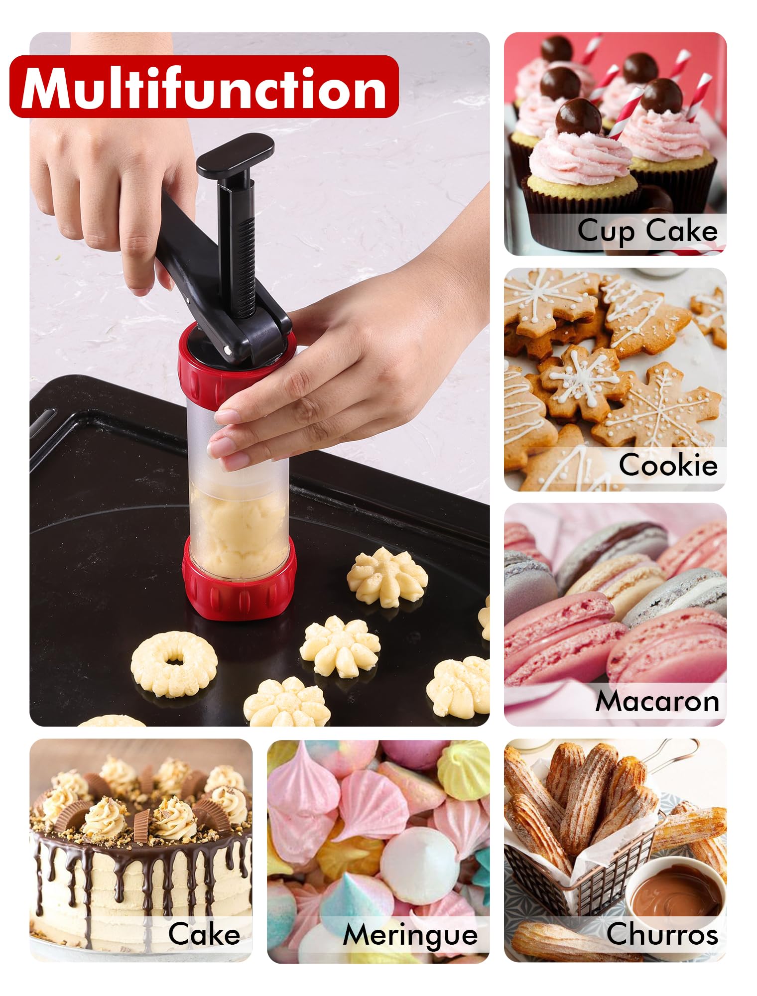Premium Cookie Press Set with 12 Discs & 10 Cake Decorating Tips - Stainless Steel Churro & Biscuit Maker (Red) - Perfect for Holiday Baking, Party Treats & Home Dessert Decorating