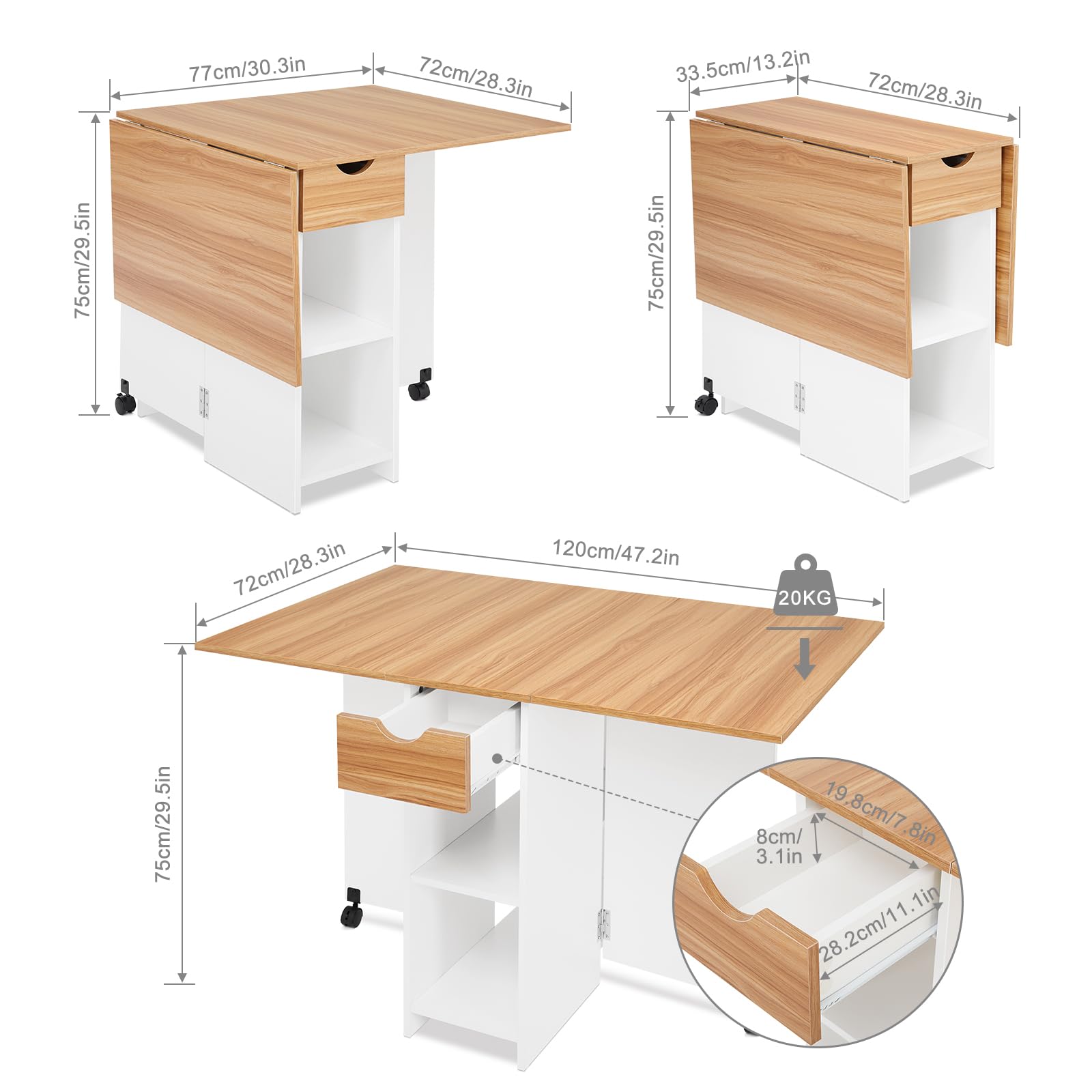 Space-Saving Drop Leaf Folding Dining Table with 1 Drawer & 2 Open Shelves - Modern Kitchen Table for Small Spaces in White & Red Oak - Perfect for Apartments, Breakfast Nooks & Compact Dining Areas