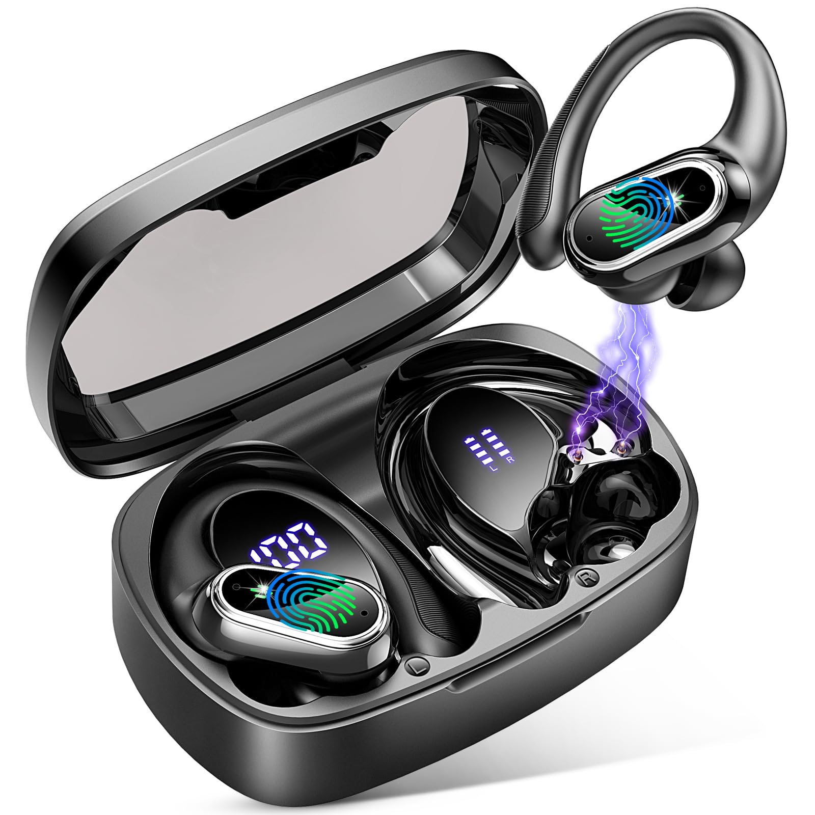 Wireless Bluetooth Earbuds with Earhooks - 50H Playtime, ENC Noise Canceling Mic, Deep Bass & IP7 Waterproof - Ideal for Running, Workout & Sports | Digital Display Case