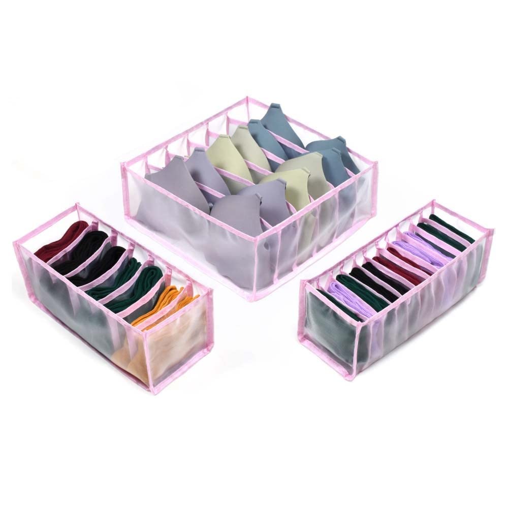 3-Pack Foldable Nylon Underwear Drawer Organizer - Closet & Dresser Dividers for Bras, Socks, Panties & Ties Storage (Pink) - Perfect for Bedroom, Closet & Travel Organization