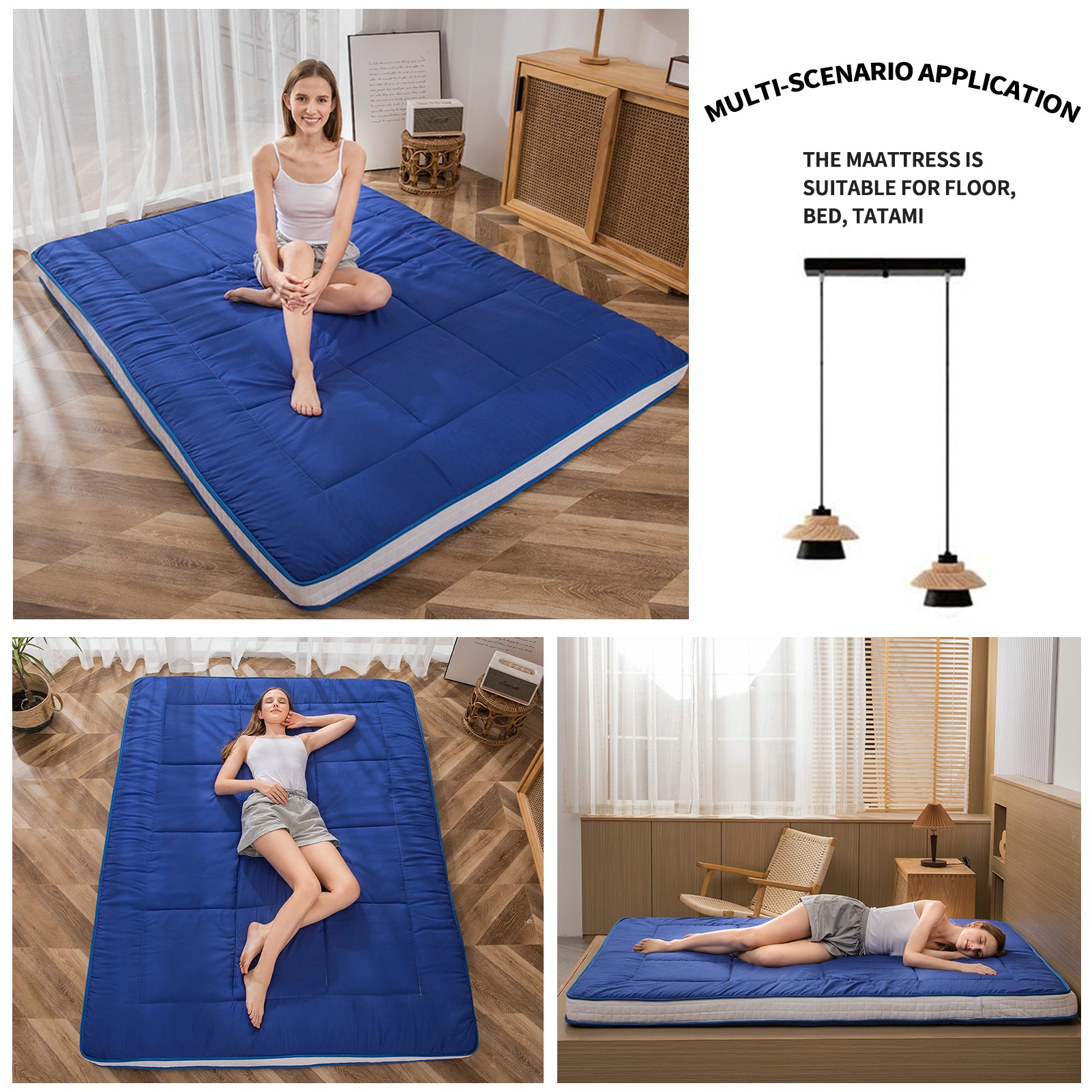 MAXYOYO Extra Thick Japanese Floor Futon Mattress - Royal Blue Foldable Sleeping Pad for Bedroom, Guest Room & Travel | Comfortable Floor Bed for Adults & Kids