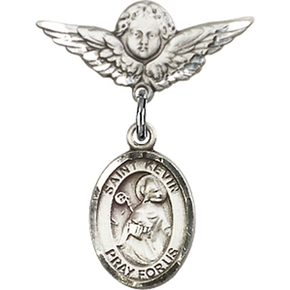 Sterling Silver Baby Badge with St. Kevin Charm & Angel Wing Pin - 7/8