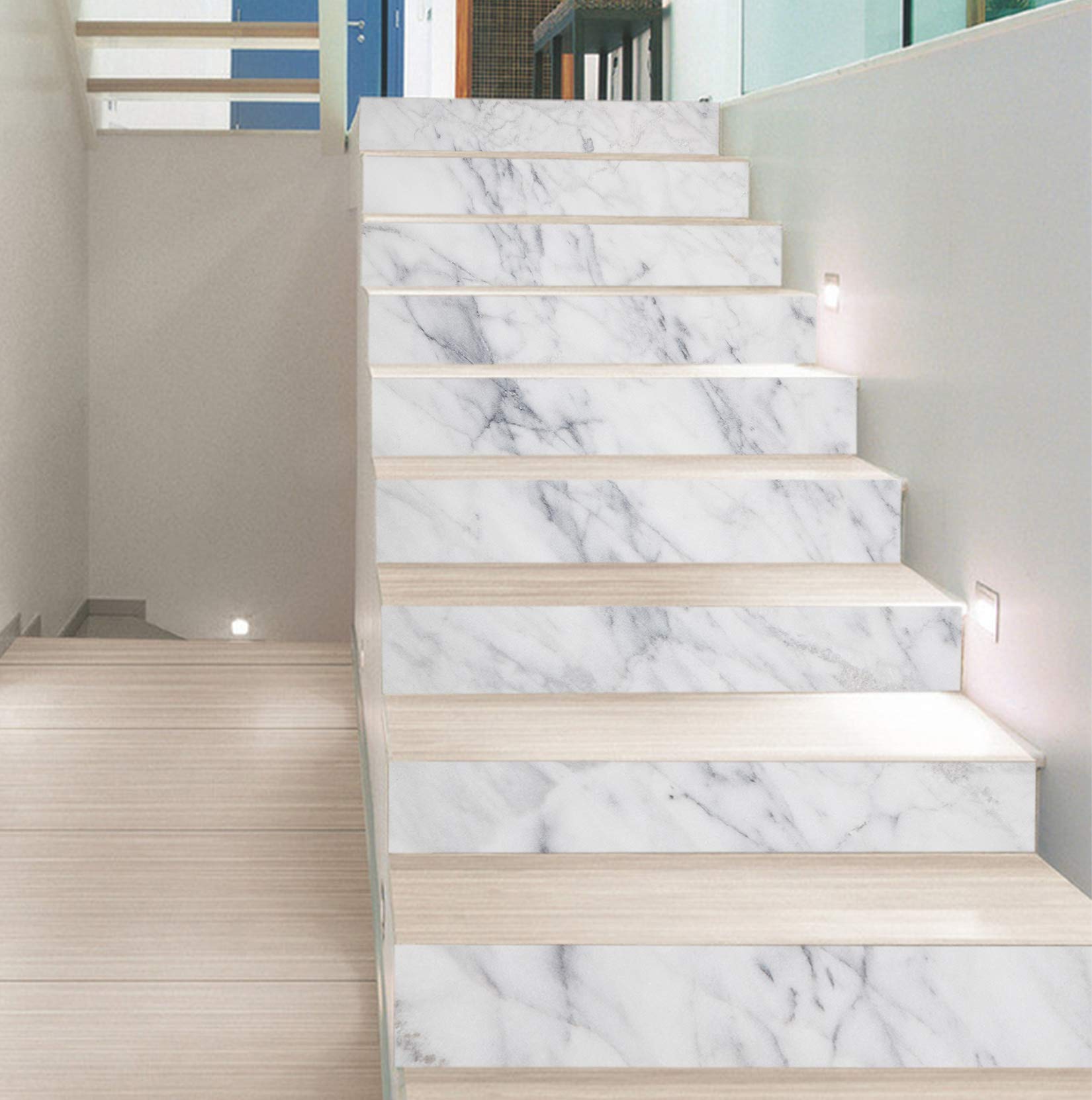 3D Elegant White 937 Pattern Tile Marble Stair Risers Decal - Vinyl Wallpaper Mural for Home Decor (15 Sheets, 18x102cm/7