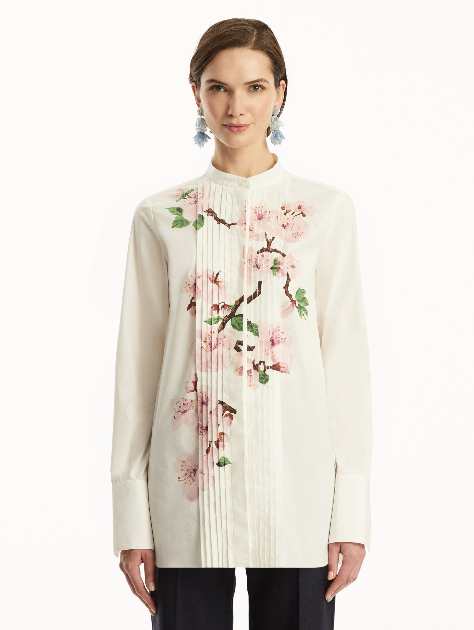Cherry Blossom Print Cotton Poplin Pleated Blouse for Women - Elegant Spring Summer Tops for Office, Date Night & Casual Wear
