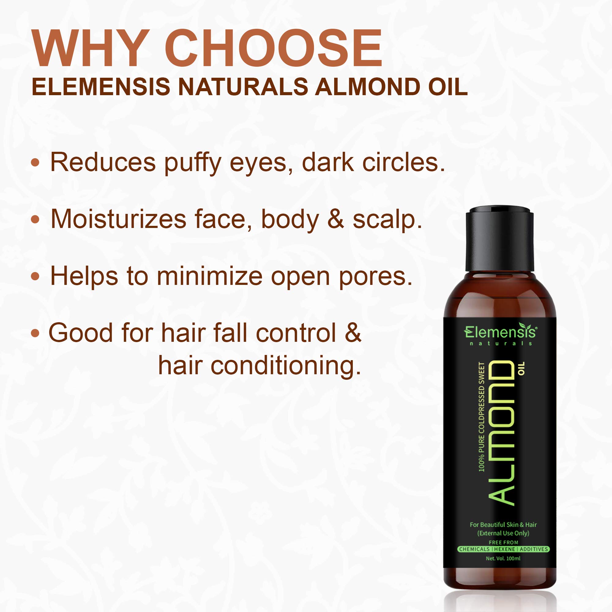 Elemensis Naturals 100% Pure Cold Pressed Almond Oil for Hair Growth & Skin Care - 100ml | Natural Moisturizer for Dry Scalp, Split Ends & Glowing Skin