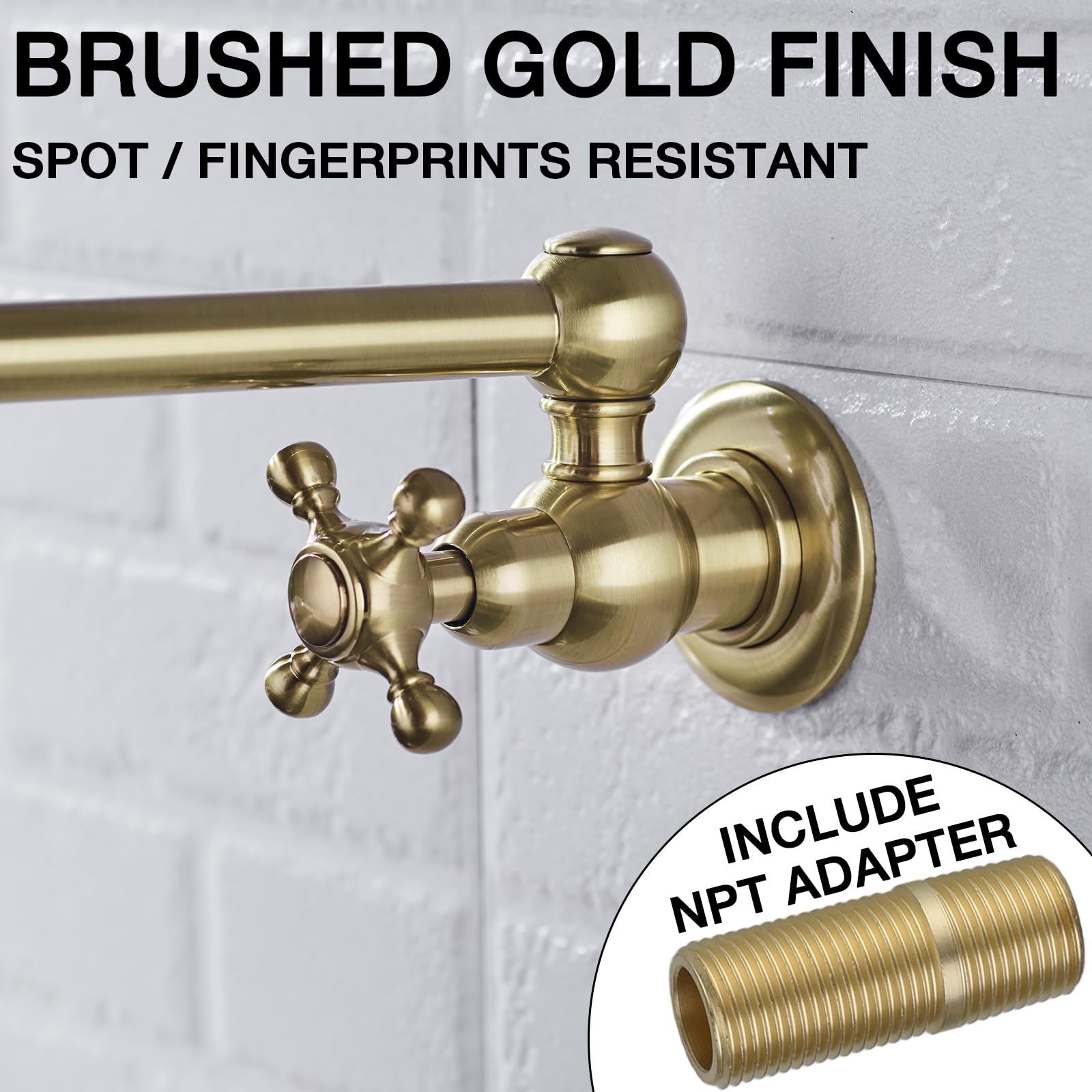 TRUSTMI Brass Wall Mount Pot Filler Faucet - Brushed Gold Kitchen Sink Faucet with Double Joint Swing Arm for Easy Pot Filling | Perfect for Home Kitchen, Restaurant & Commercial Use