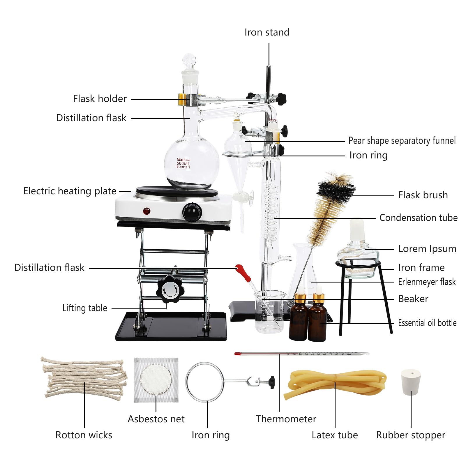 Premium Essential Oil Distiller Kit - Home Distillation Apparatus with Glass Steam & Water Purifier, Lab Glassware Set w/ Separatory Funnel for DIY Essential Oils, Herbal Extracts & Hydrosols | Perfect for Aromatherapy, Home Labs & Natural Remedies