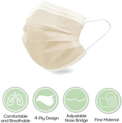 WELLSTAR 3-Ply Disposable Face Masks - 100 Pack, Non-Woven Fabric with 4-Layer Protection, Comfortable Nose Clip (Beige) - Ideal for Daily Use, Travel, and Public Safety Protection