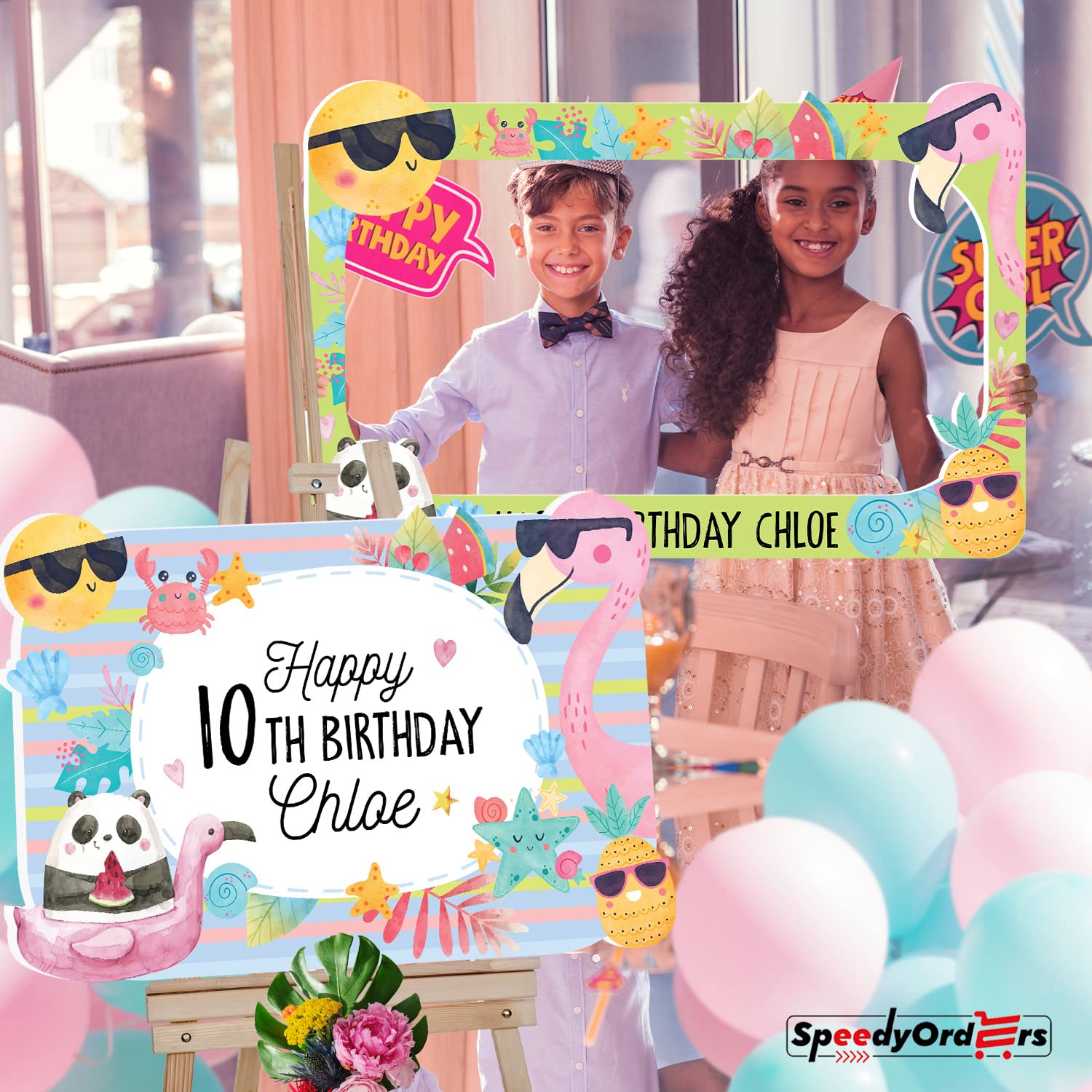 Personalized Summer Emoji Birthday Party Sign & Photo Booth Frame Set - Custom Emoji Party Decorations & Favors for Kids Birthday, Pool Party, Summer Celebration - Perfect for Backyard BBQ, Beach Party Decor