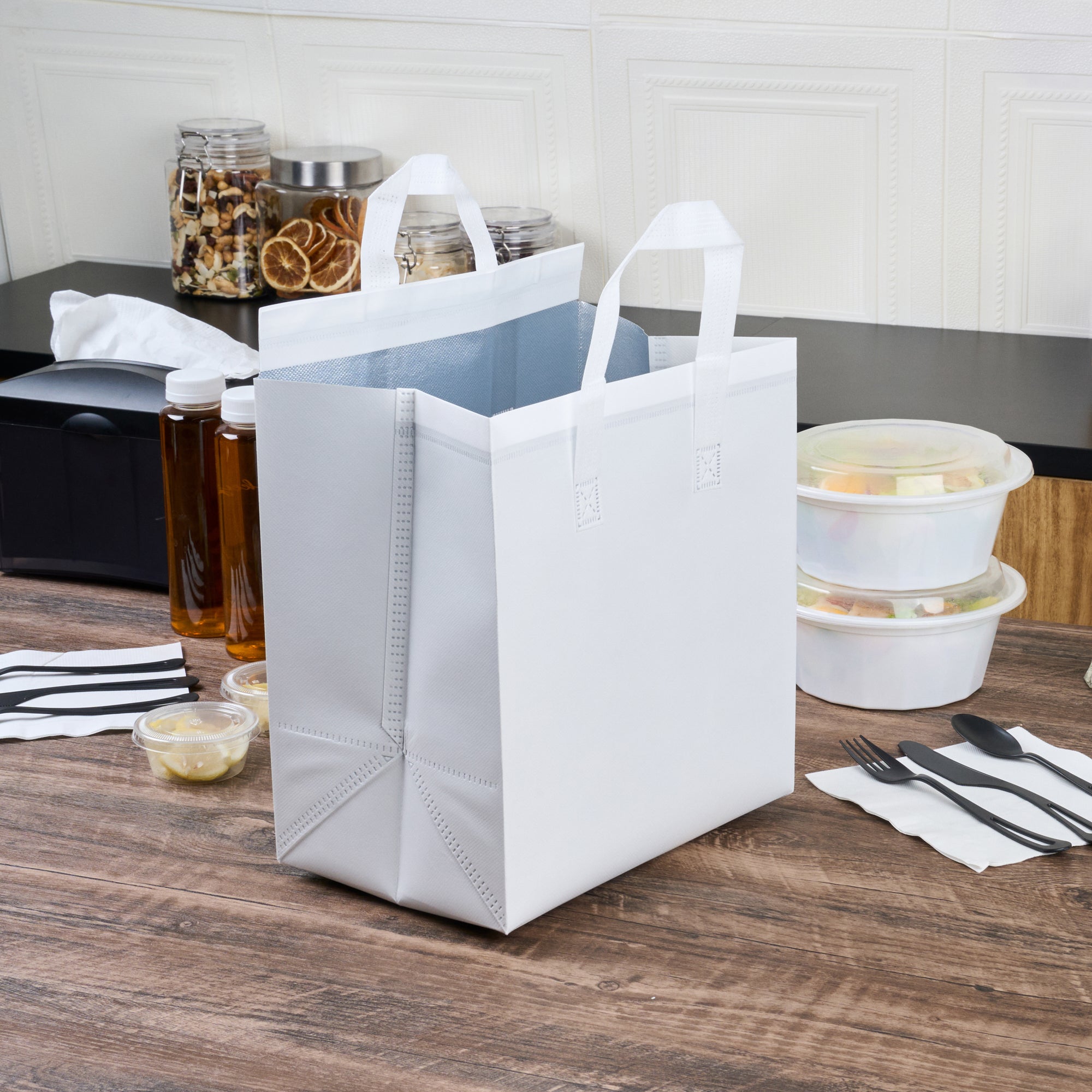 White Insulated Take Out Bags - Tamper Evident Food Delivery Bags (10.25
