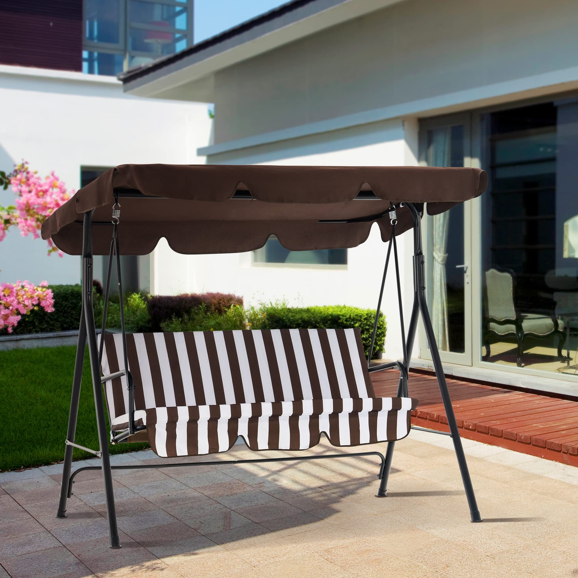 MCombo 2-3 Person Outdoor Patio Swing Chair with Canopy & Steel Stand - Removable Cushions, Weather-Resistant, for Backyard, Garden, Balcony, Porch (Brown with White Stripes) - Perfect for Relaxing, Lounging & Enjoying Summer Breezes