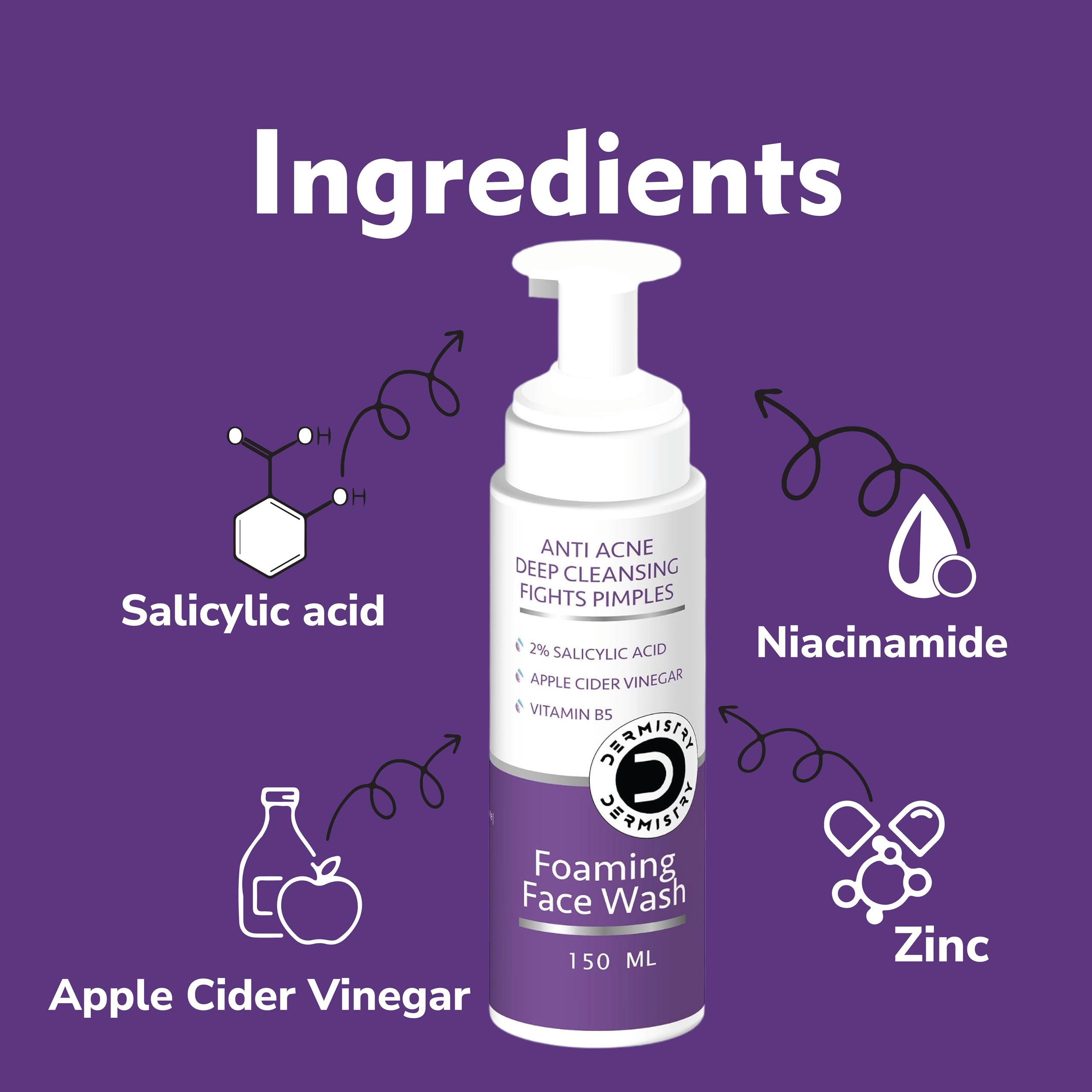 Dermistry 2% Salicylic Acid & Niacinamide Acne Face Wash - Oil Free Foaming Cleanser with Apple Cider Vinegar & Zinc - Exfoliates & Removes Excess Oil for Oily, Acne-Prone Skin - Men & Women - 150ml - Perfect for Daily Skincare Routine & Acne Treatment