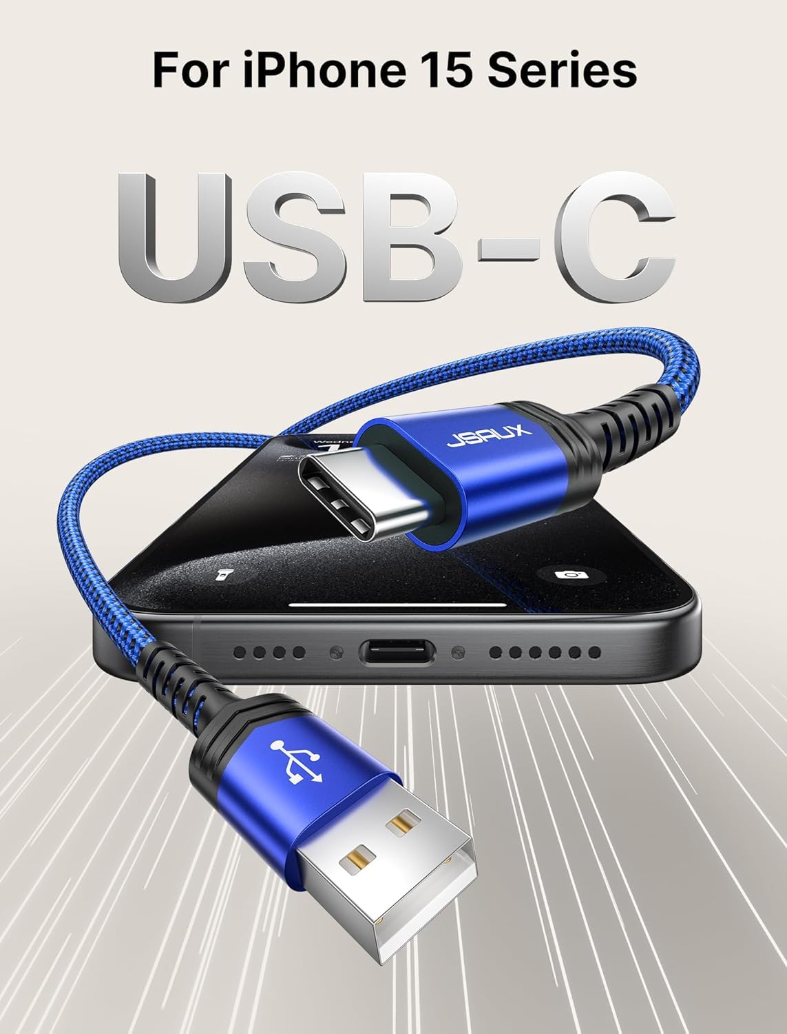 JSAUX USB C Cable 6.6FT 2 Pack - Fast Charging USB to USB C Braided Cord (3.1A) Compatible with iPhone 16/15/Pro/Max/Plus, Samsung Galaxy S24/S23/S22/Note 10, PS5 Controller, OnePlus - Blue | Perfect for Home, Office & Travel Charging