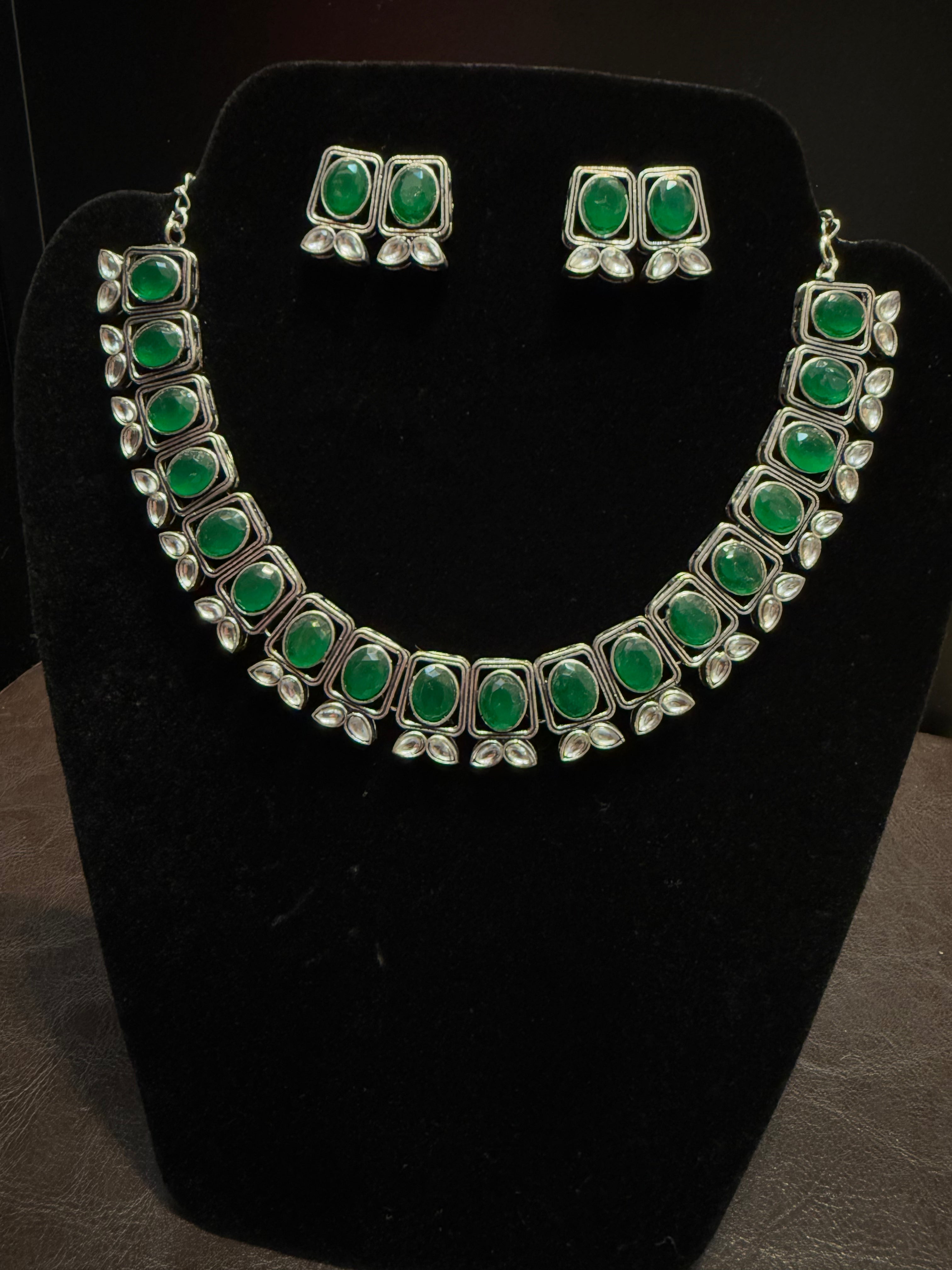 Elegant Green Oxidized Necklace and Earrings Set with Silver Stones | Perfect for Parties, Weddings & Special Occasions