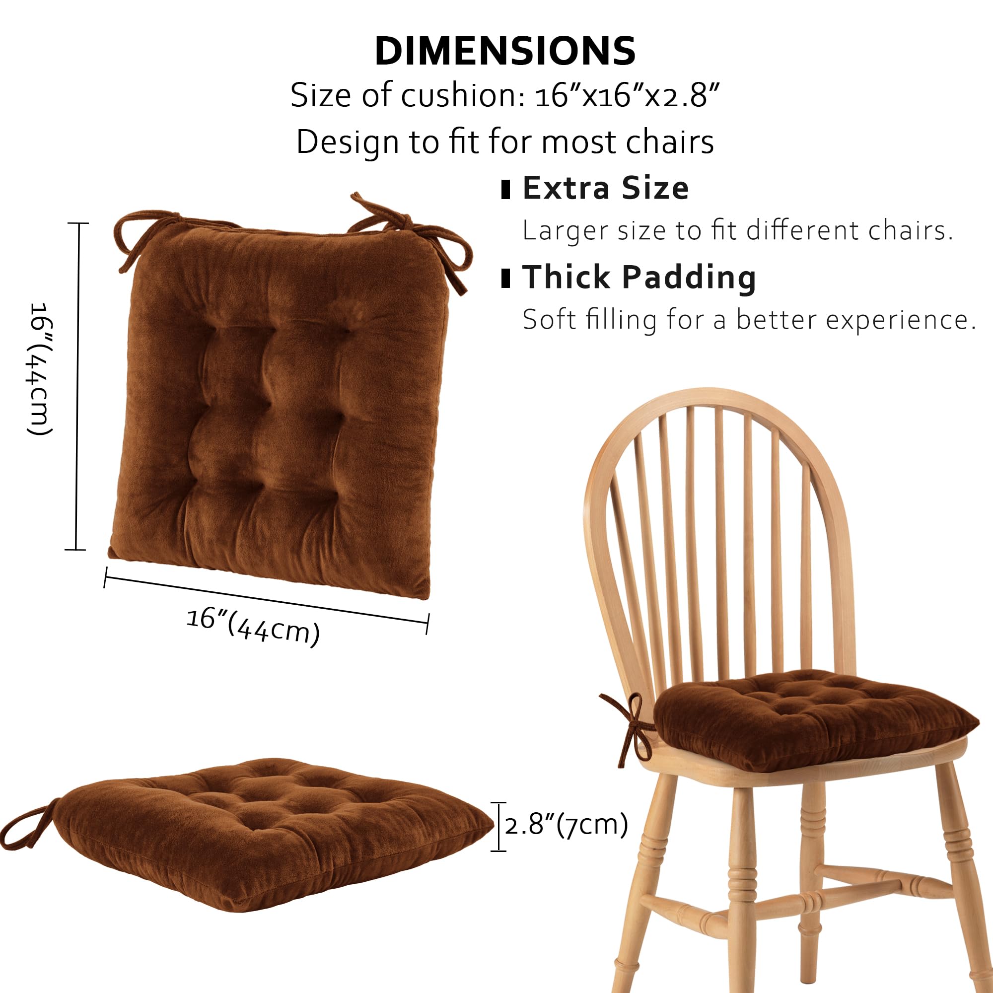 ELFJOY 4 Pack Tufted Square Chair Cushions with Ties for Dining & Office - Coffee Color