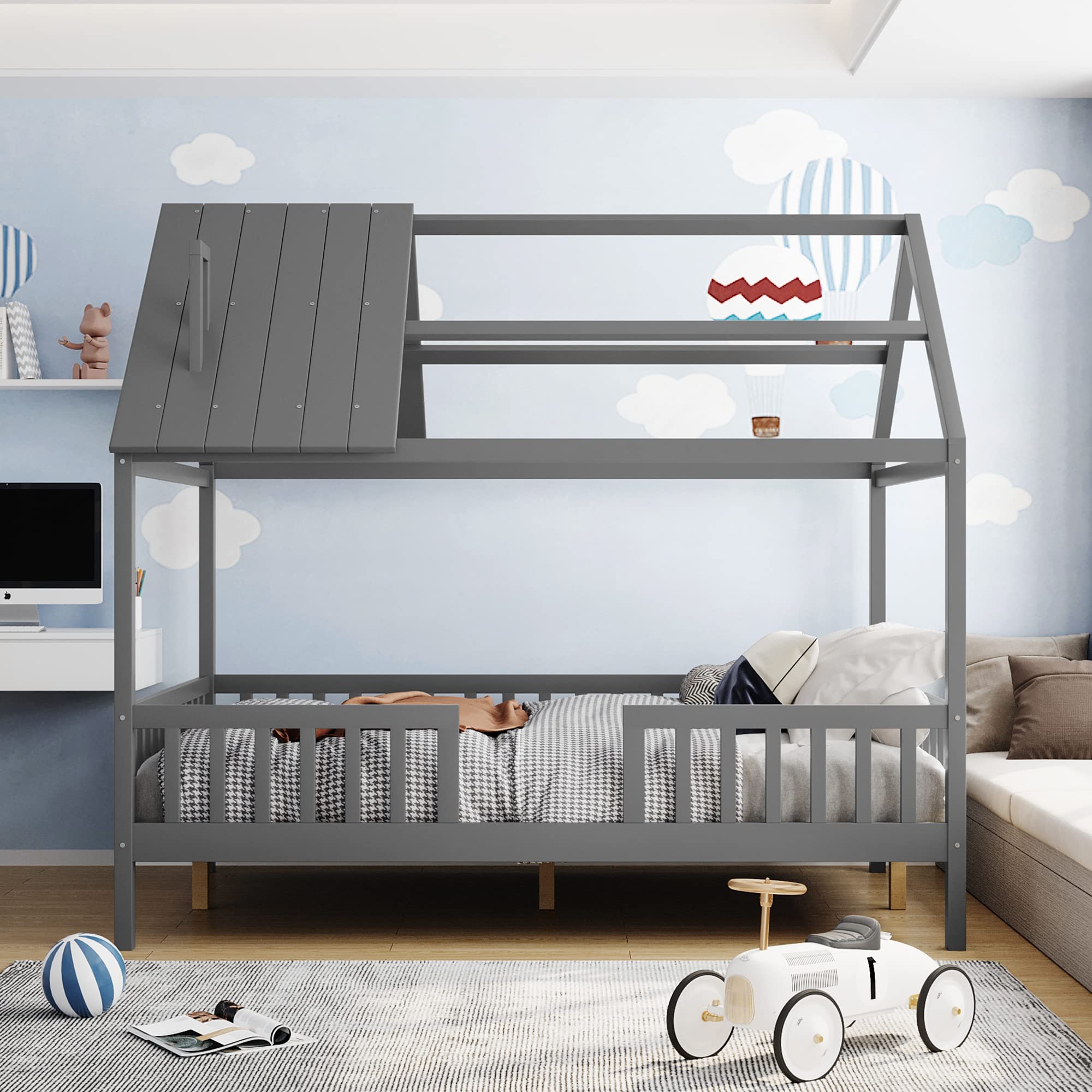 Merax Full House Bed for Kids - Wooden House-Shaped Bed Frame with Roof Windows & Safety Rails - Grey - Perfect for Kids' Bedroom, Playroom & Sleepovers