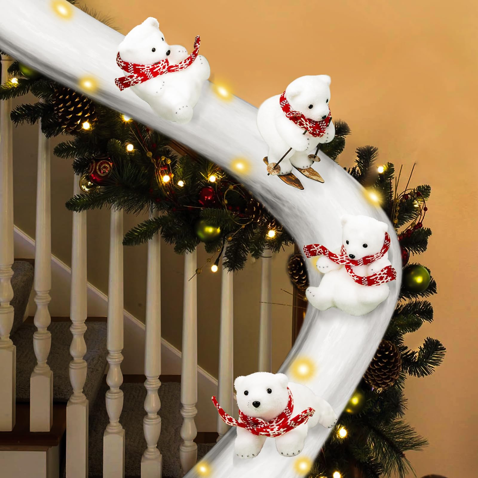 Polar Bear Christmas Staircase Decorations Set - 4PCS Skiing Polar Bears with Artificial Snow & LED Lights for Holiday Stair Decor | Indoor Home Christmas Decor for Staircase, Banister, and Entryway