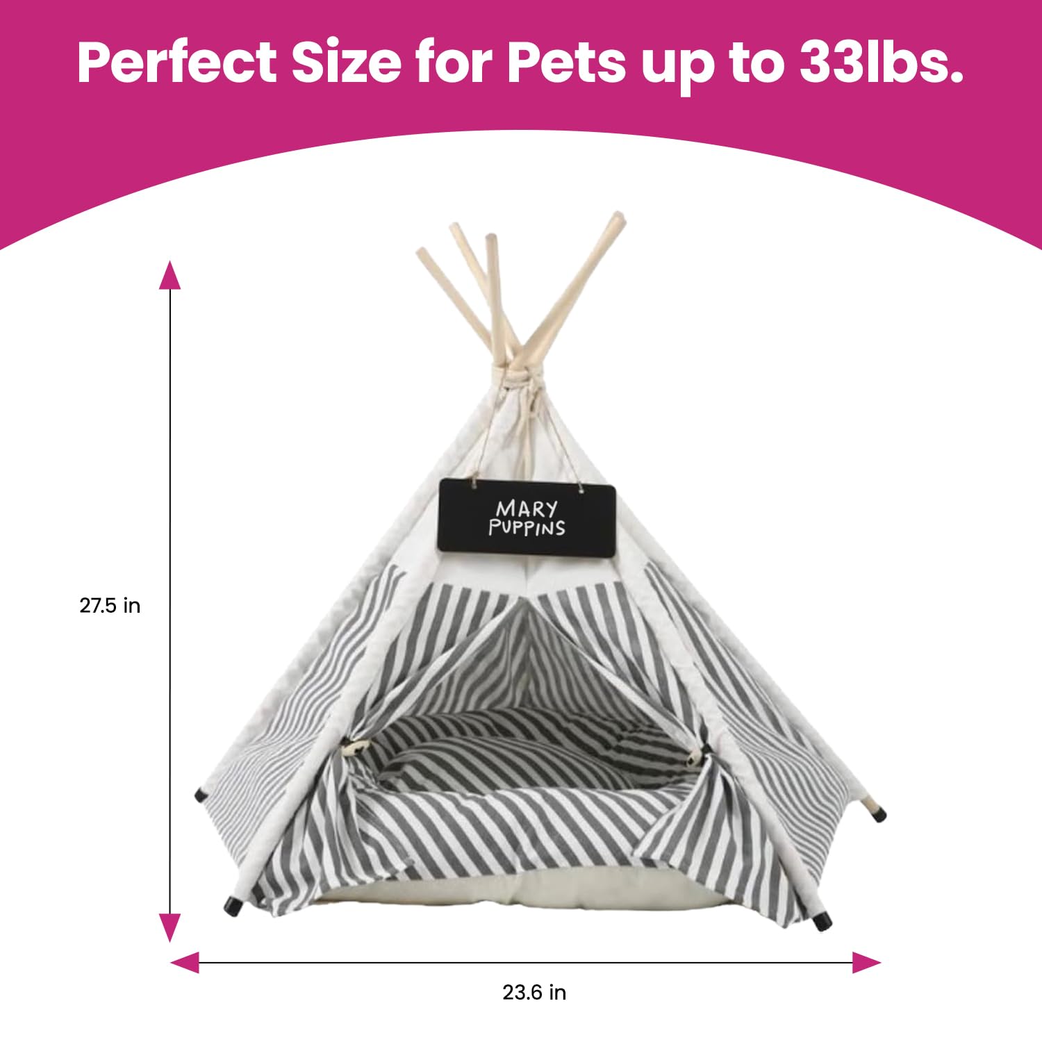 Cozy Dog Teepee Bed for Small Dogs & Pets - Washable Soft Cushion Pet Tent House for Indoor Cats, Puppies & Rabbits with Removable Bed & Name Sign (Grey White Striped) - Perfect for Home, Nursery & Pet Play Areas
