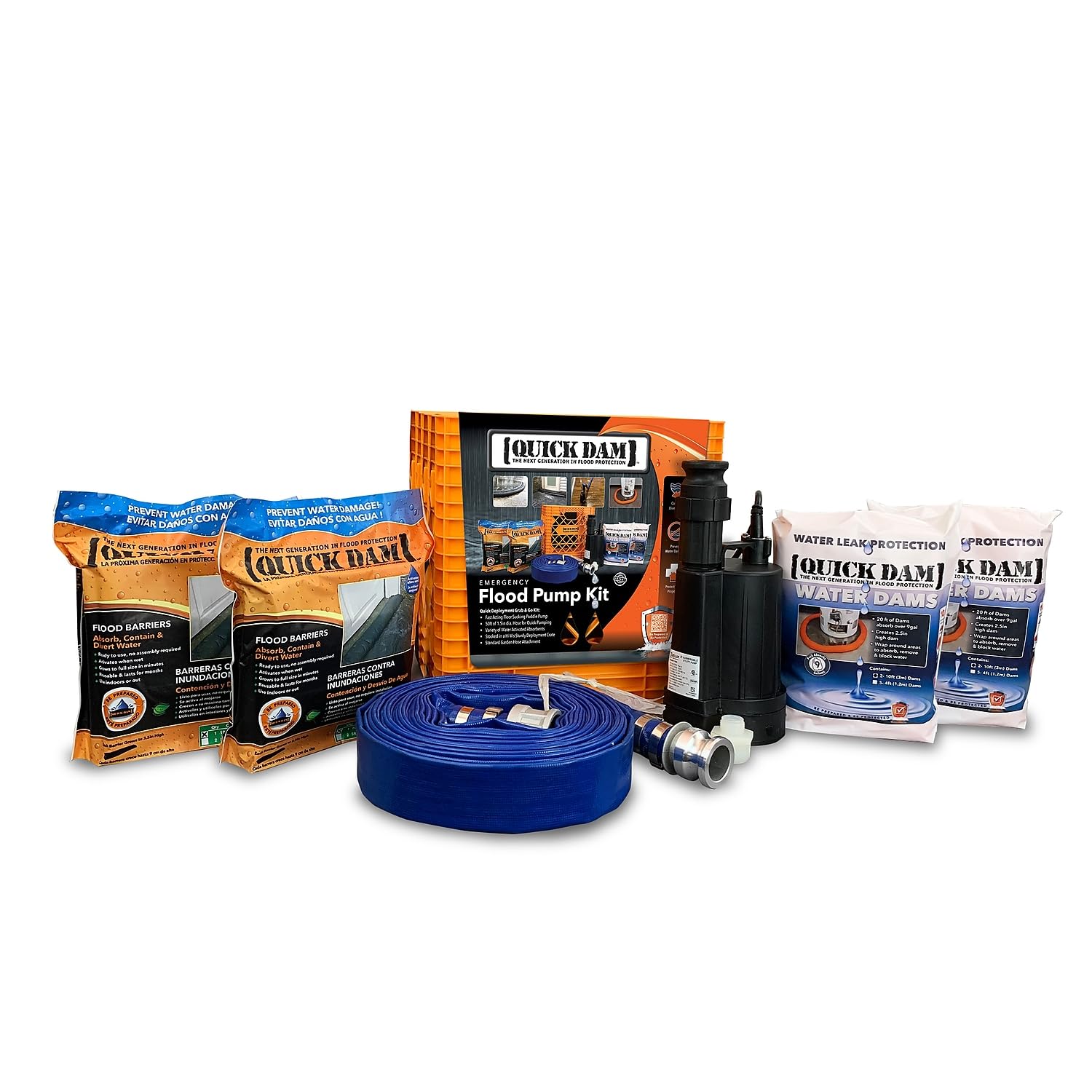 Quick Dam QDPK3 Emergency Flood Pump Kit - 7 Piece Set with Water Pump, Hose & Flood Barriers for Flood Control & Diversion - Ideal for Basements, Garages & Outdoor Flood Protection