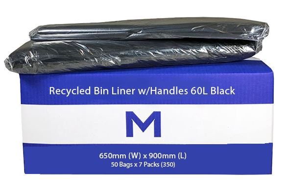 60L Black Recycled Trash Bags with Handles - 350 Count Pack (650mm x 900mm x 30mu) | Heavy Duty Garbage Bags for Kitchen, Office & Outdoor Use