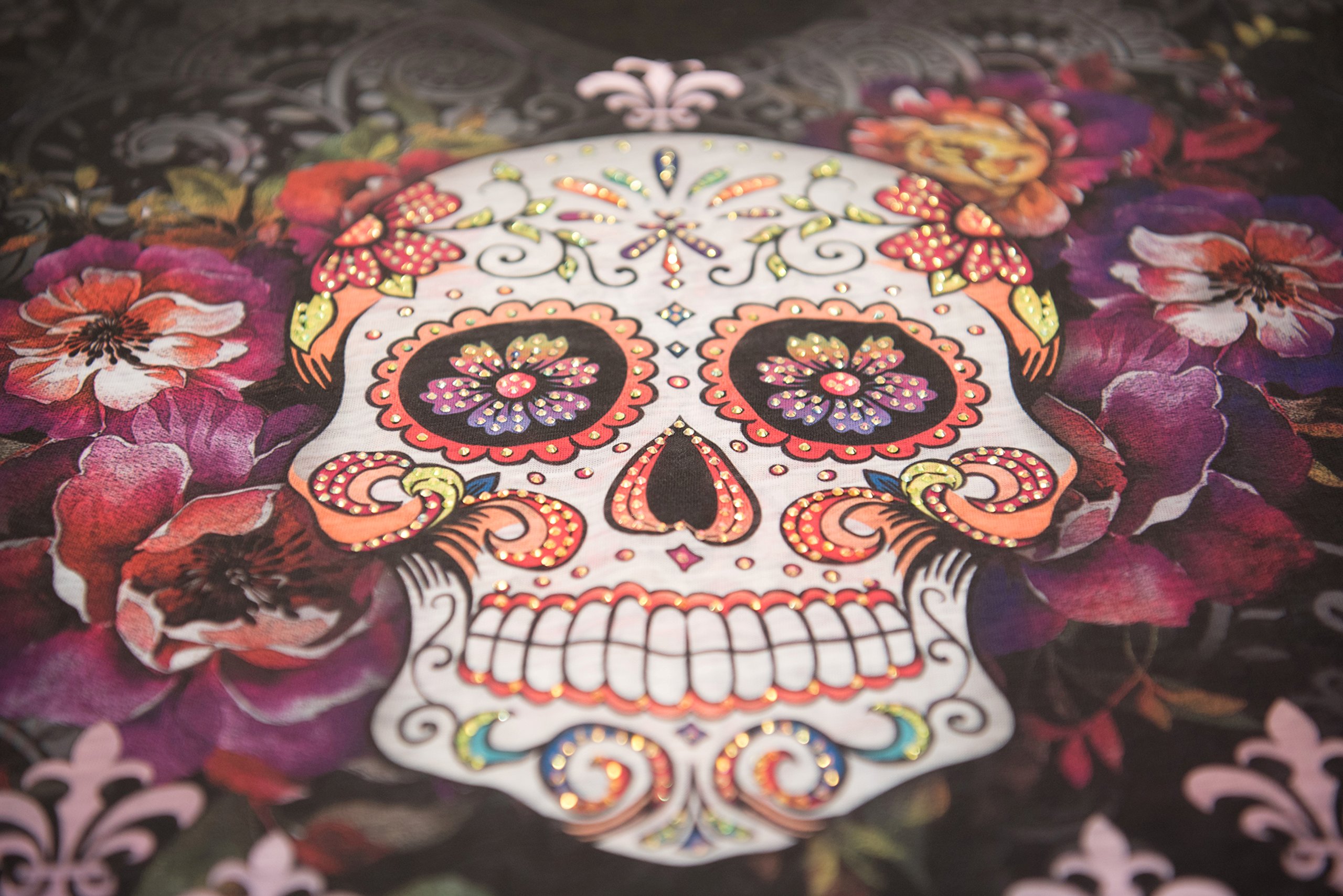 USA Made Women's Sugar Skull V-Neck T-Shirt with Rhinestone Decor - Gothic Fashion, Day of the Dead Celebration & Casual Wear
