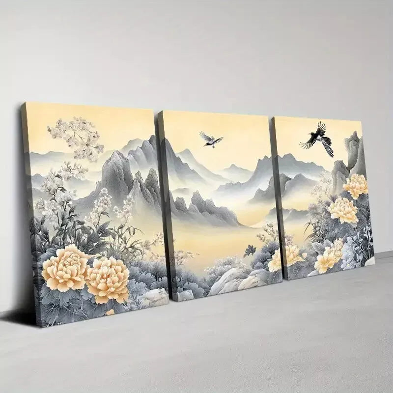 3-Piece Serene Landscape with Blooming Peonies Framed Canvas Wall Art Set - 50x70cm High Quality Print | 100% Australian Made | Ready to Hang | Perfect for Living Room, Bedroom & Office Decor