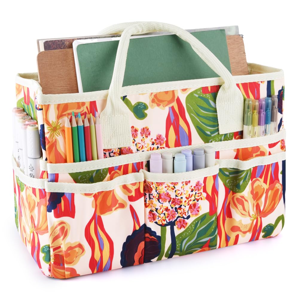 E-WEICHEN Craft Organizer Tote Bag with Multiple Pockets - Art & Office Supplies Storage Container for Artists, Crafters & Students - Perfect for DIY Projects, School & Home Organization - Abstract Flower Design